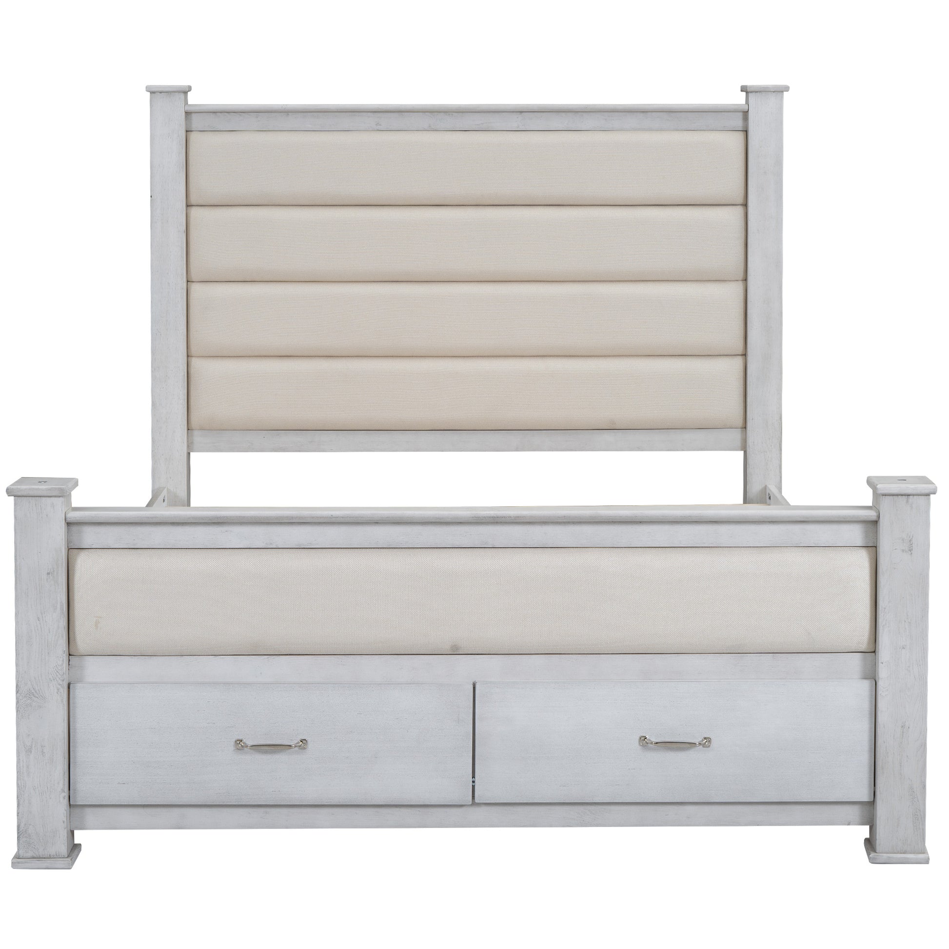Queen Size Wood Frame Platform Bed With Upholstered Headboard, Footboard And 2 Drawers, Antique White Box Spring Not Required Queen Antique White Wood Bed Frame Solid Wood Mdf