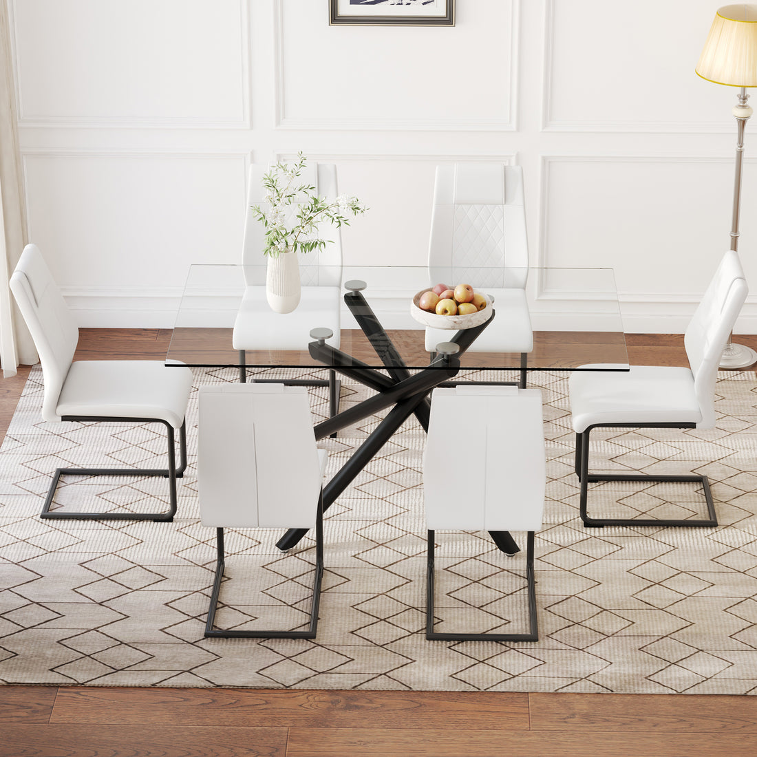 Table And Chair Set.Modern Rectangular Glass Dining Table With 0.39" Tempered Glass Tabletop And Black Metal Legs.Paired With Multiple Chairs Designed With Pu Cushions And Black Metal Legs. White Black Seats 6 Tempered Glass