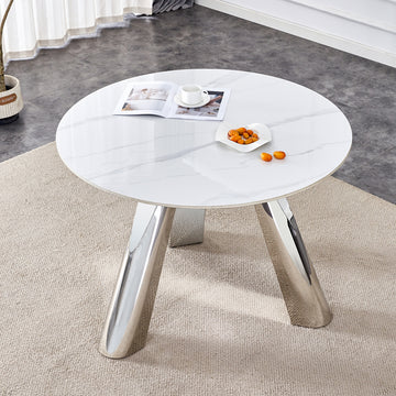 A 42 Inch Stainless Steel Leg Round Table With A Marble Top Is Suitable For Use By Four Or Six People Warm Grey,White Marble Metal,Sintered Stone