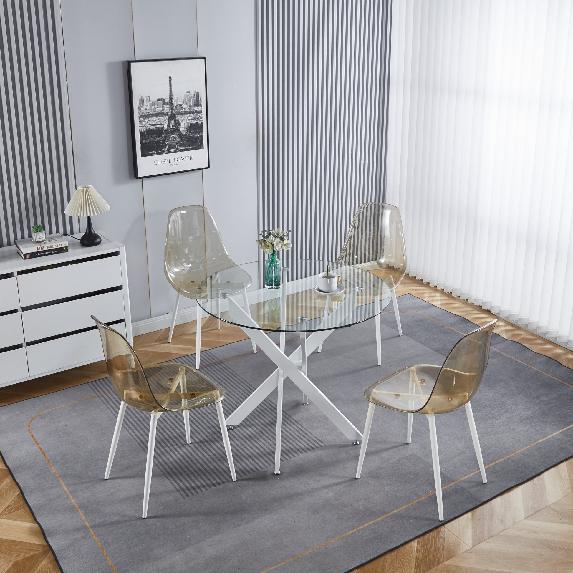 Dining Table With Cross Metal Leg And Tempered Glass,Modern Space Saving Kitchen Table For Living Room,White Legs,90X90X75Cm White Glass Metal