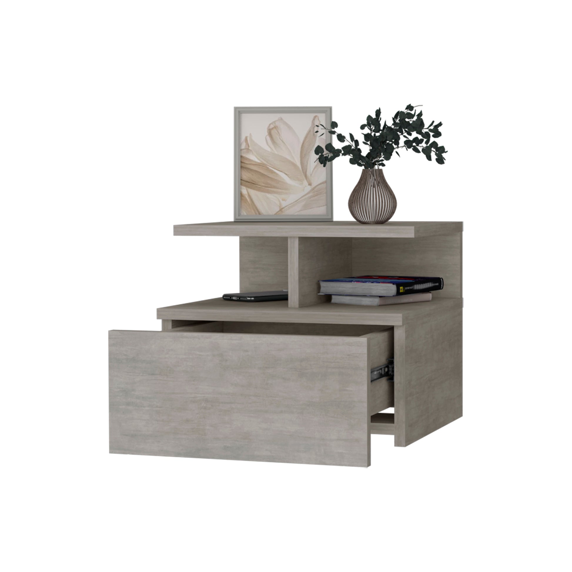 Augusta Floating Nightstand With 2 Tier Shelf And 1 Drawer Gray 1 Drawer Bedroom Contemporary Pine Shelving Pine Particle Board Engineered Wood