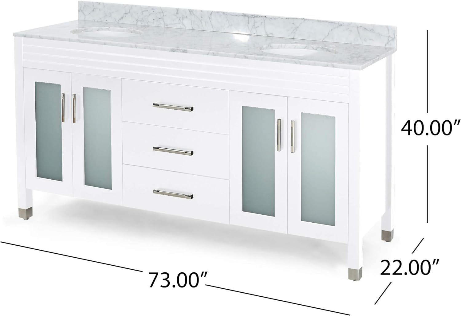 73'' Bathroom Vanity With Marble Top & Double Ceramic Sinks, 4 Doors With Glass, 3 Drawers, White White Solid Wood Mdf