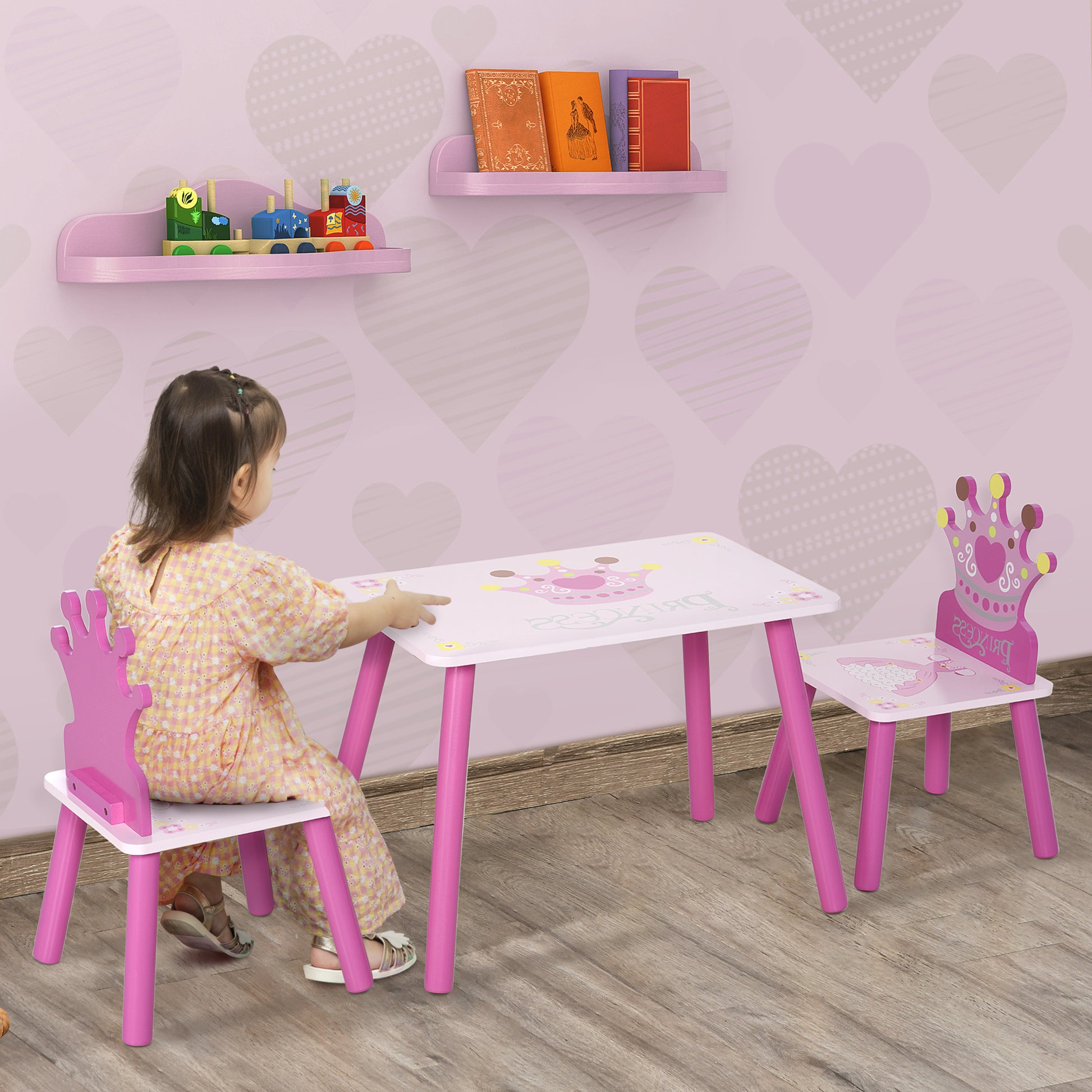 Qaba 3 Piece Kids Wooden Table And Chair Set With Crown Pattern Gift For Girls Toddlers Arts Reading Writing Age 2 4 Years Pink Pink Wood