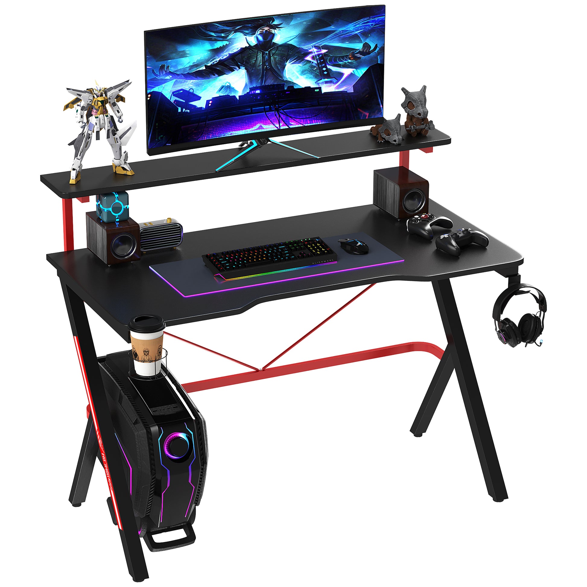 Homcom 47 Inch Gaming Desk Racing Computer Desk Home Office Workstation With Elevated Monitor Shelf Rotatable Cup Holder Headphone Hook, Black Black Mdf