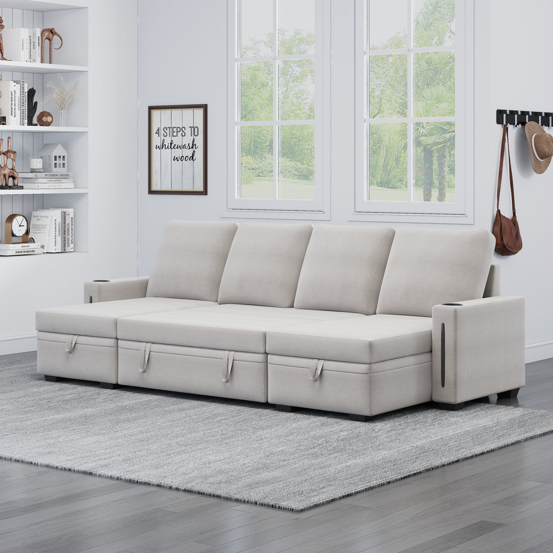 Sectional Sofa With Storage, 96" U Shaped Sectional Couches For Living Room, Comfy Convertible Sectional Sofa Beige Beige Linen Wood Primary Living Space Cushion Back Soft Modern Eucalyptus Square Arms Foam Linen 4 Seat