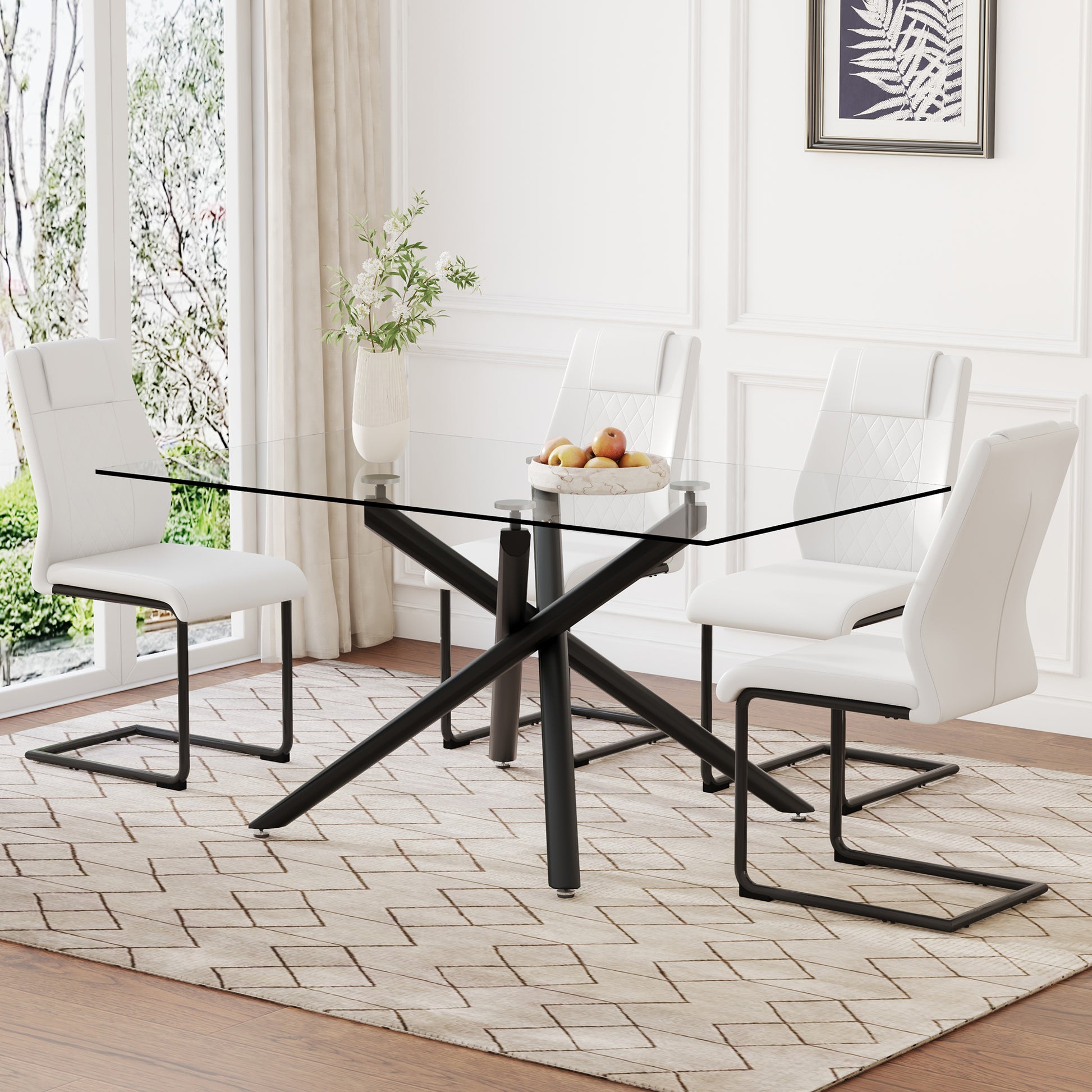 Table And Chair Set.Modern Rectangular Glass Dining Table With 0.39" Tempered Glass Tabletop And Black Metal Legs.Paired With Multiple Chairs Designed With Pu Cushions And Black Metal Legs. White Black Seats 4 Tempered Glass