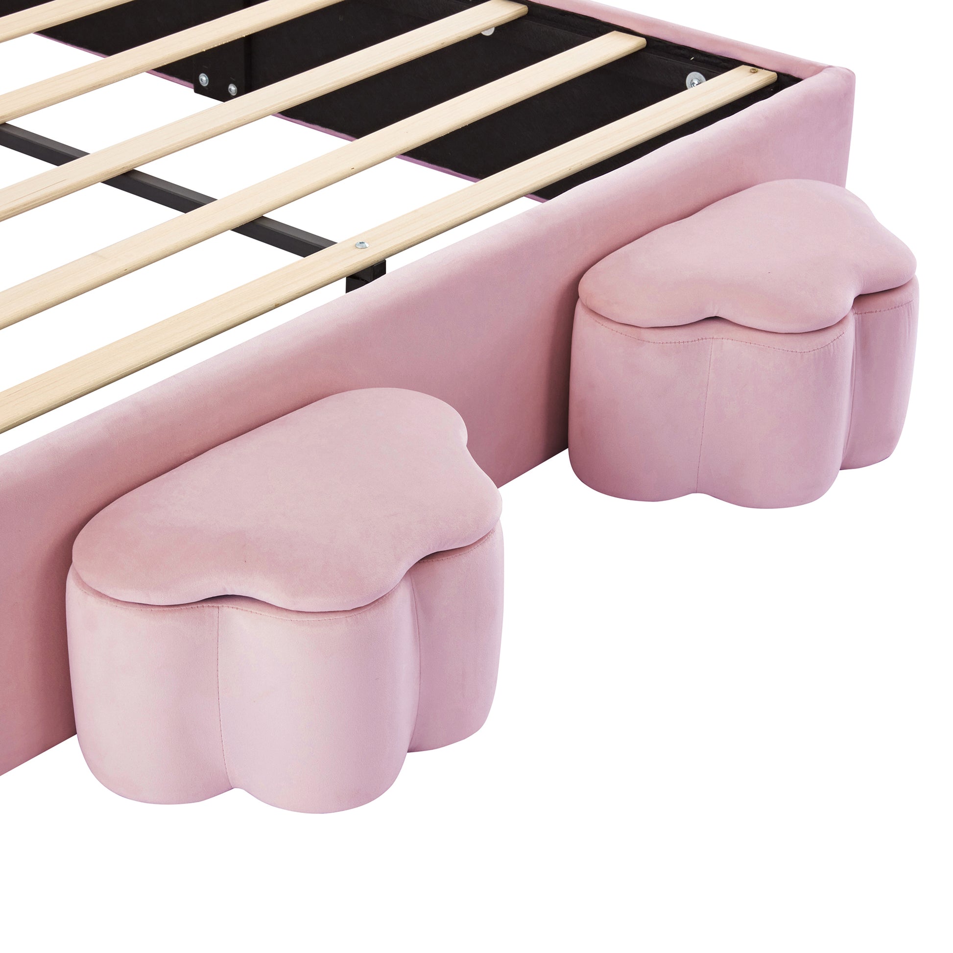 Full Size Upholstered Rabbit Shape Bed With 2 Storage Stools, Velvet Platform Bed With Cartoon Ears Shaped Headboard, Pink Full Pink Wood