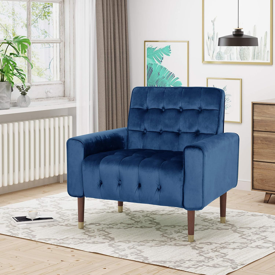 Mirod Comfy Arm Chair With Tufted Backmodern For Living Room, Bedroom And Study Blue Velvet