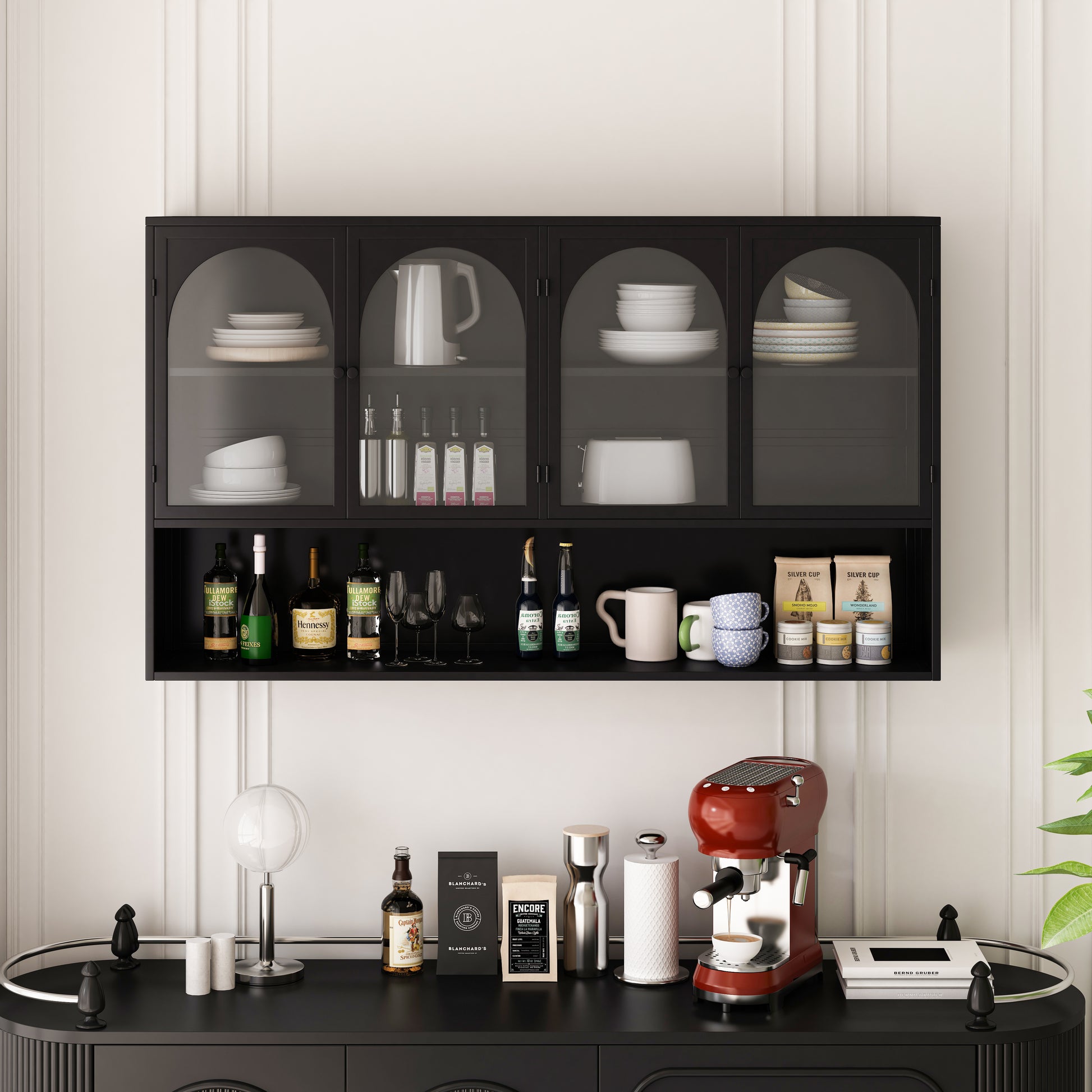 47.25" Four Door Glass Wall Cabinet Storage, Wall Mounted,Suitable For Kitchen, Living Room, Bathroom Black Black Glass Metal