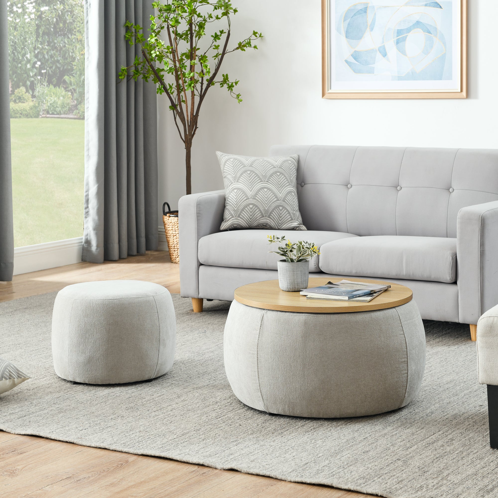 Round Storage Ottoman, 2 In 1 Function, Work As End Table And Ottoman,