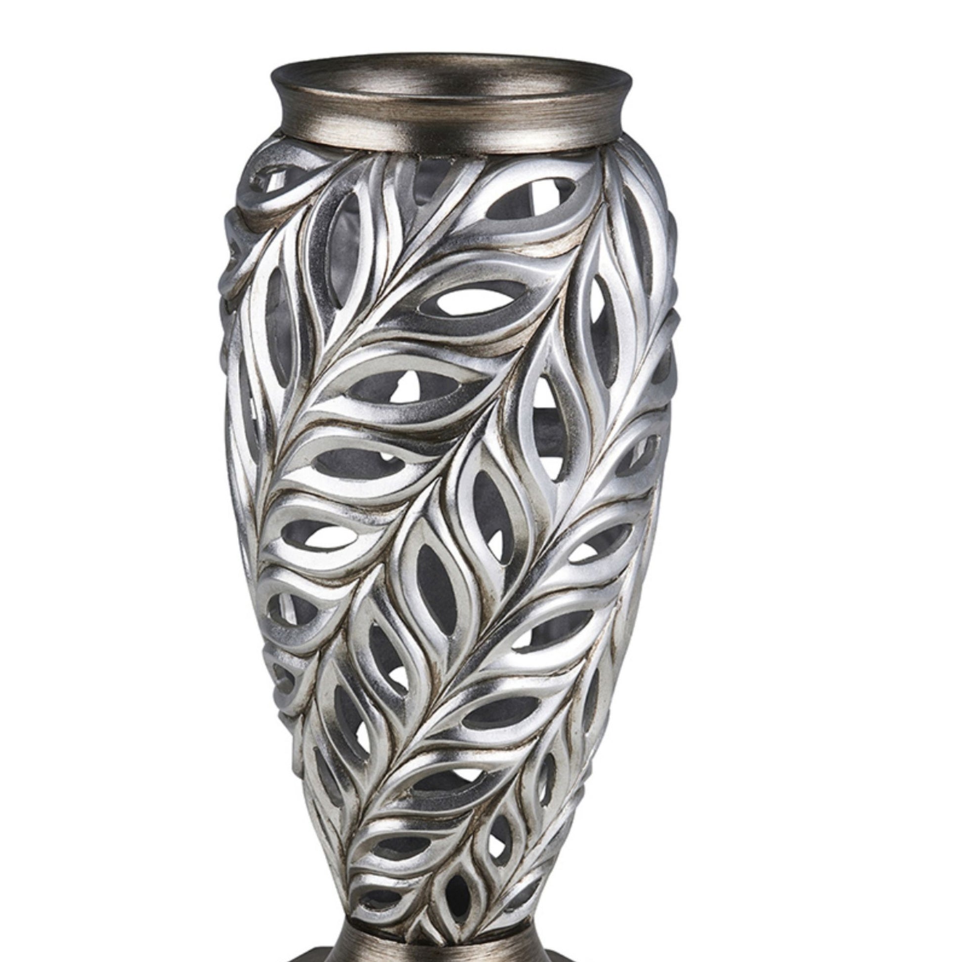 15.75" Tall Polyresin Decorative Vase "Kiara", Silver Peacock Feathers Design Silver Polyresin