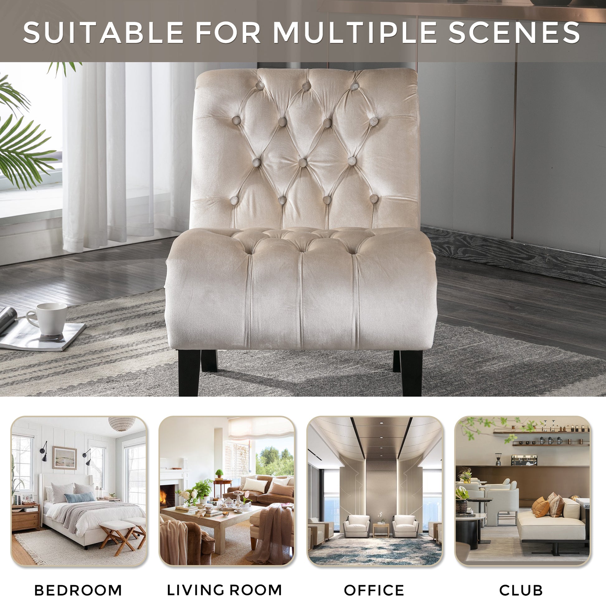 Coolmore Modern Velvet Armless Accent Living Room Chair Leisure Chair,Upholstered Fabric Button Comfortable Chair With Wooden Legs For Bedroom, Living Room, Office Beige Velvet Beige Foam Velvet