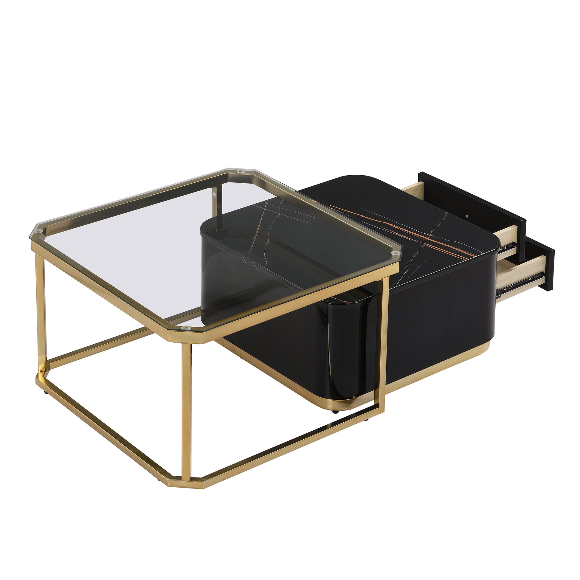 Modern 2 Pieces Black Square Nesting Coffee Table With Drawers & Electroplated Gold Legs In 27.6'' Golden Black Drawers Coffee & End Tables Glossy Square Mdf Glass Mdf Pedestal