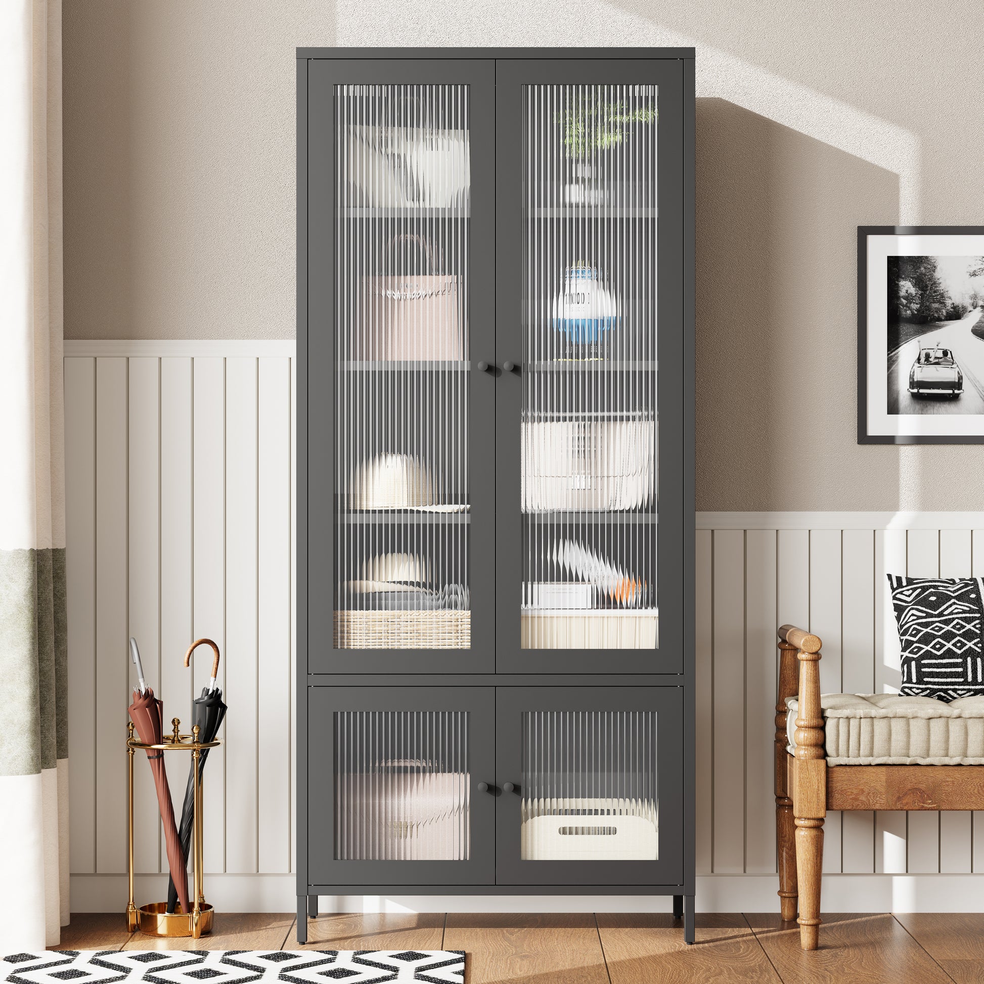 Large Metal Storage Cabinet Display Cabinet With 4 Glass Doors 5 Shelves Side Cabinet Bookcase Freestanding Cabinet For Bedroom Living Room Pantry Home Office Black, Fluted Tempered Glass Black Bedroom Classic Steel