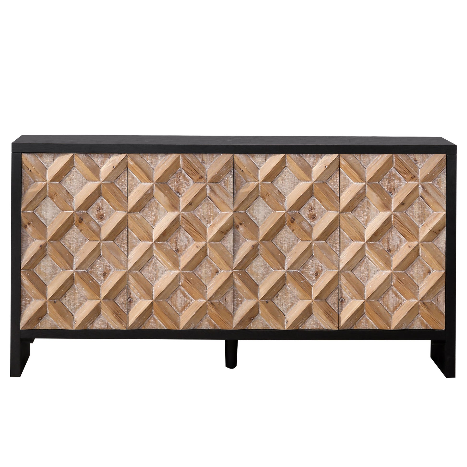 Rustic 4 Door Wood Cabinet With Geometric Pattern Modern Storage Solution For Any Space Standard 1 2 Shelves Powder Coated Black Natural Primary Living Space Adjustable Shelves Wood