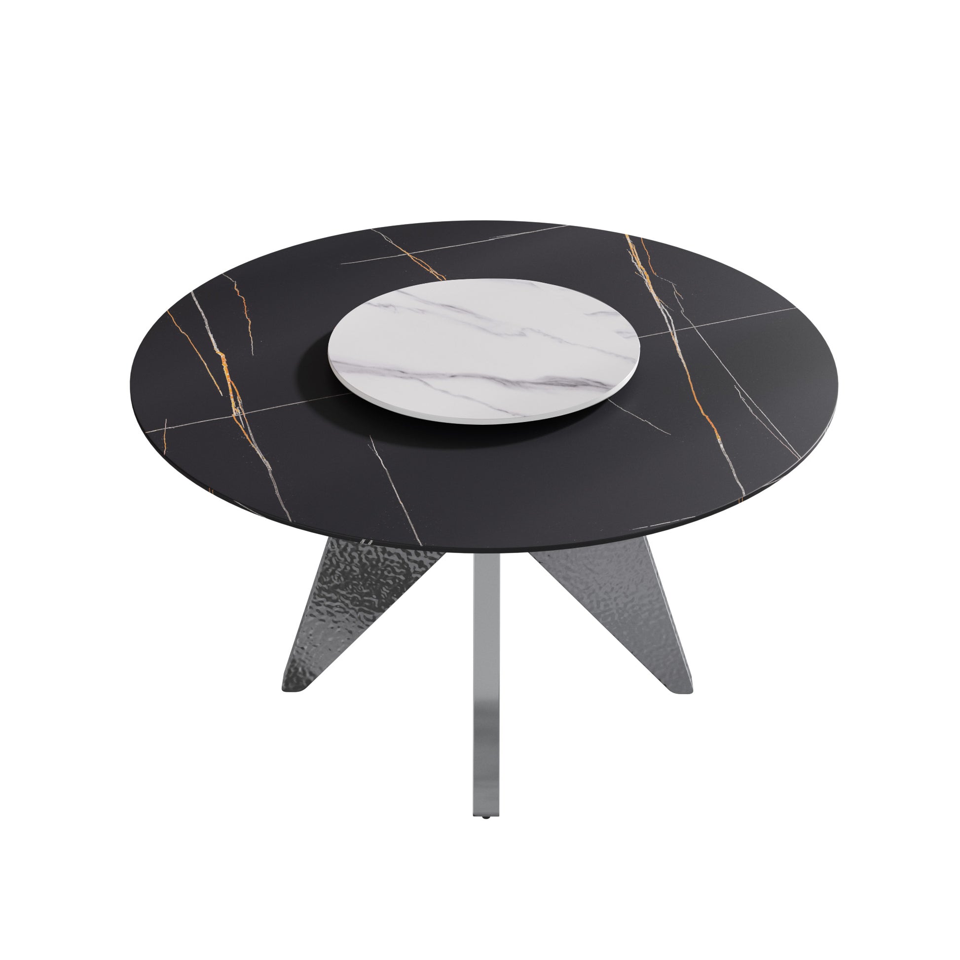 53" Round Marble Dining Table With Silver Stainless Steel Design Base, Artificial Marble For 6 People, 23.62"White Artificial Stone Turntable,Black&White Dining Table Only Black,Silver,White Dining