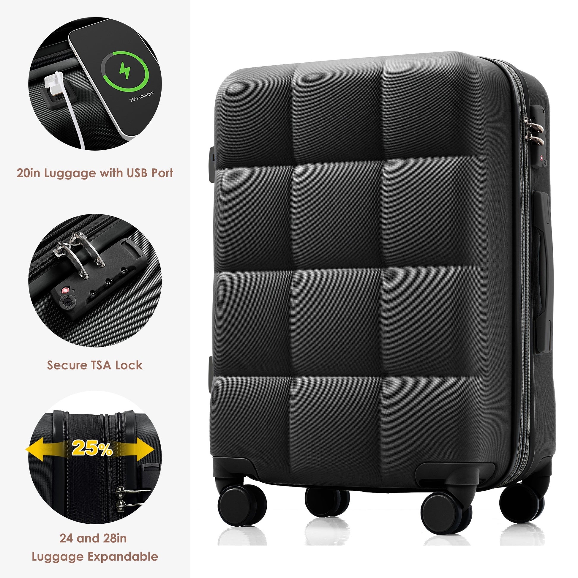 Luggage Set Of 3, 20 Inch With Usb Port, Airline Certified Carry On Luggage With Cup Holder, Abs Hard Shell Luggage With Spinner Wheels, Black Black Abs