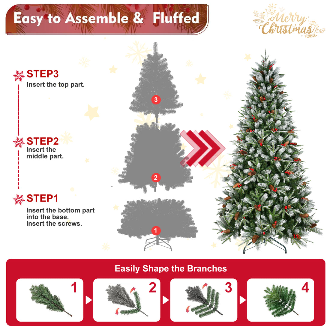 8Ft Pe Pvc Spray White Christmas Tree With 2850 Pe&Pvc Mixed Branch Tips, Hinged Premium Fake Xmas Trees, Hinged Branch & Foldable Base, Green Green Polyethylene