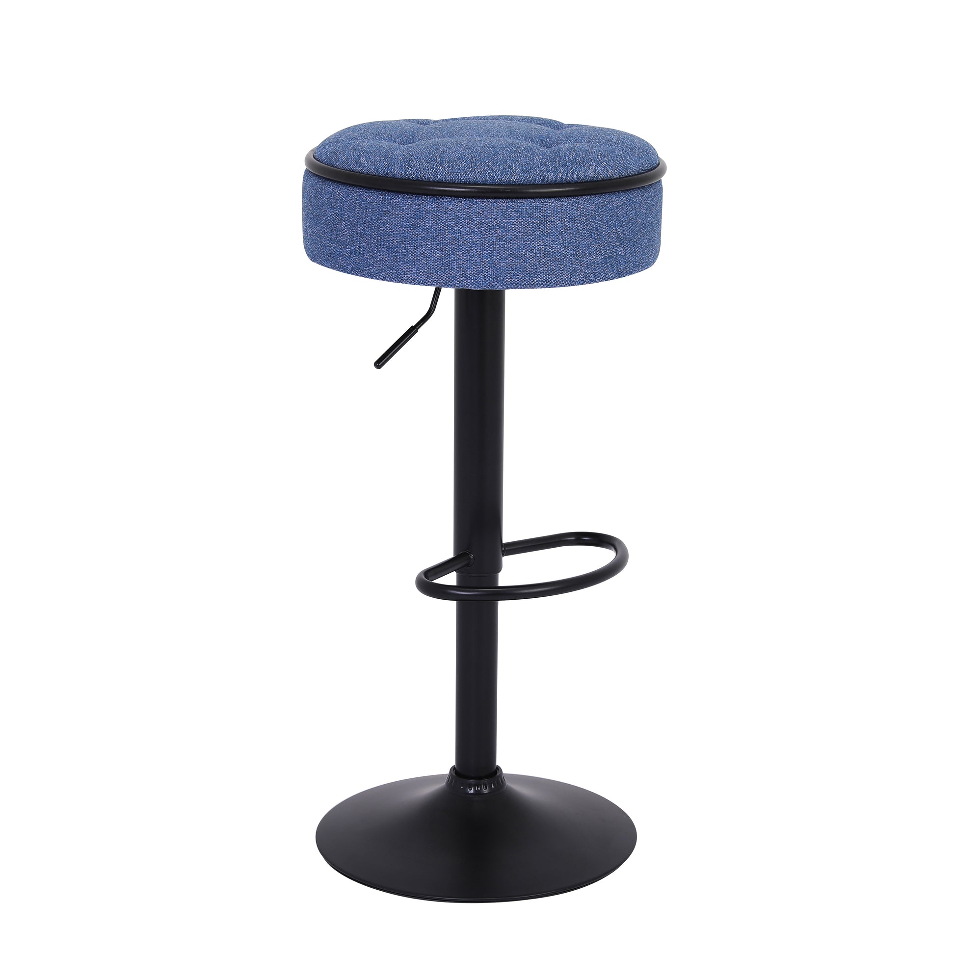 Round Storage Bar Stool Set Of 2, Blue Linen Height Adjustable Barstool, 360 Counter Height Swivel Stool, Armless Bar Chair With Metal Frame For Kitchen Counter Dining Living Room Blue Set Of 2 Foam Linen