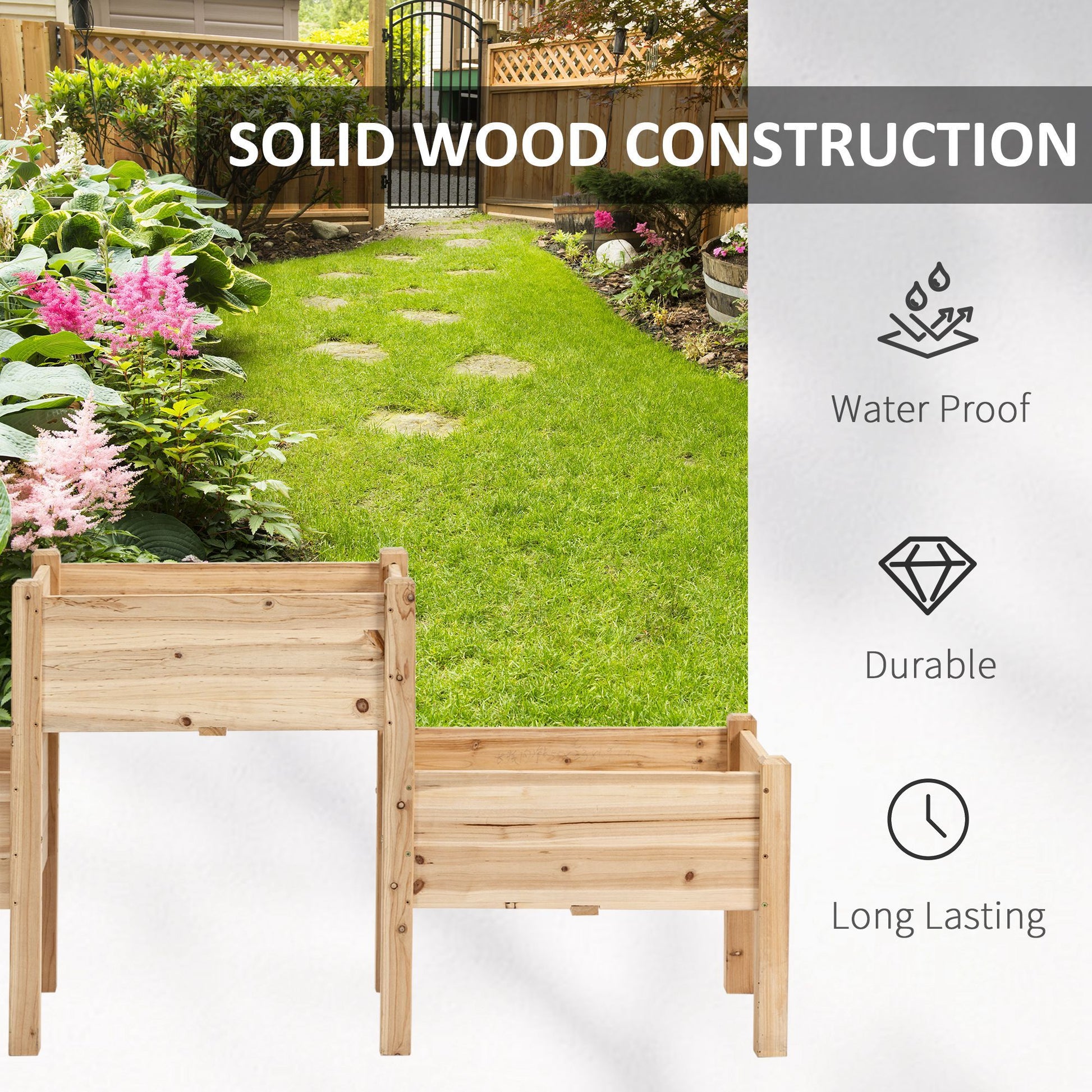 Outsunny Raised Garden Bed With 3 Planter Box, Elevated Wooden Plant Stand With Drainage Holes, For Vegetables, Herb And Flowers, Natural Natural Wood