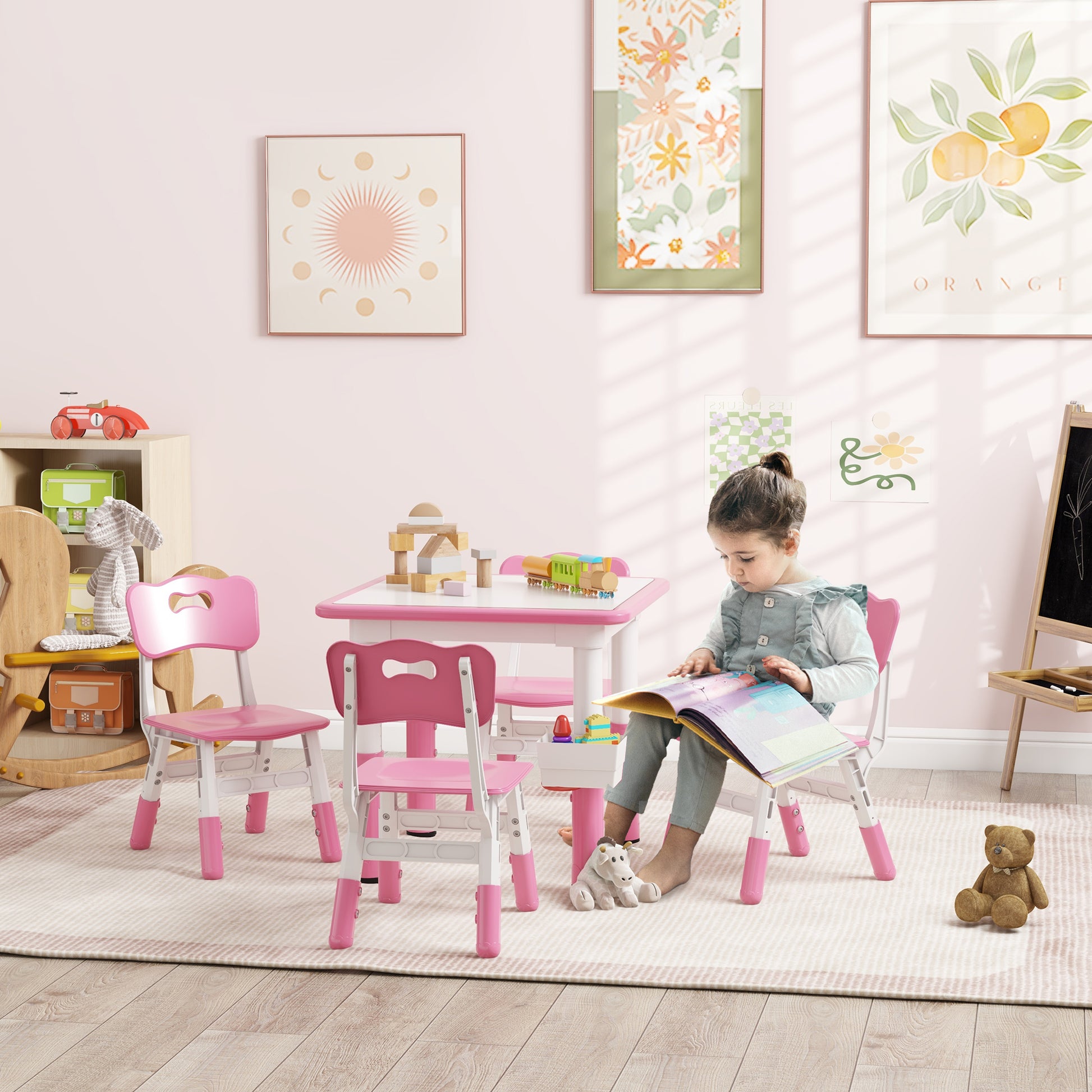 Qaba Kids Table And Chair Set, Height Adjustable 5 Piece Toddler Table And Chair Set With Storage Box, Easy To Wipe Activity Table With 4 Chairs For Ages 18 Months 5 Years, Pink Pink Mdf Metal