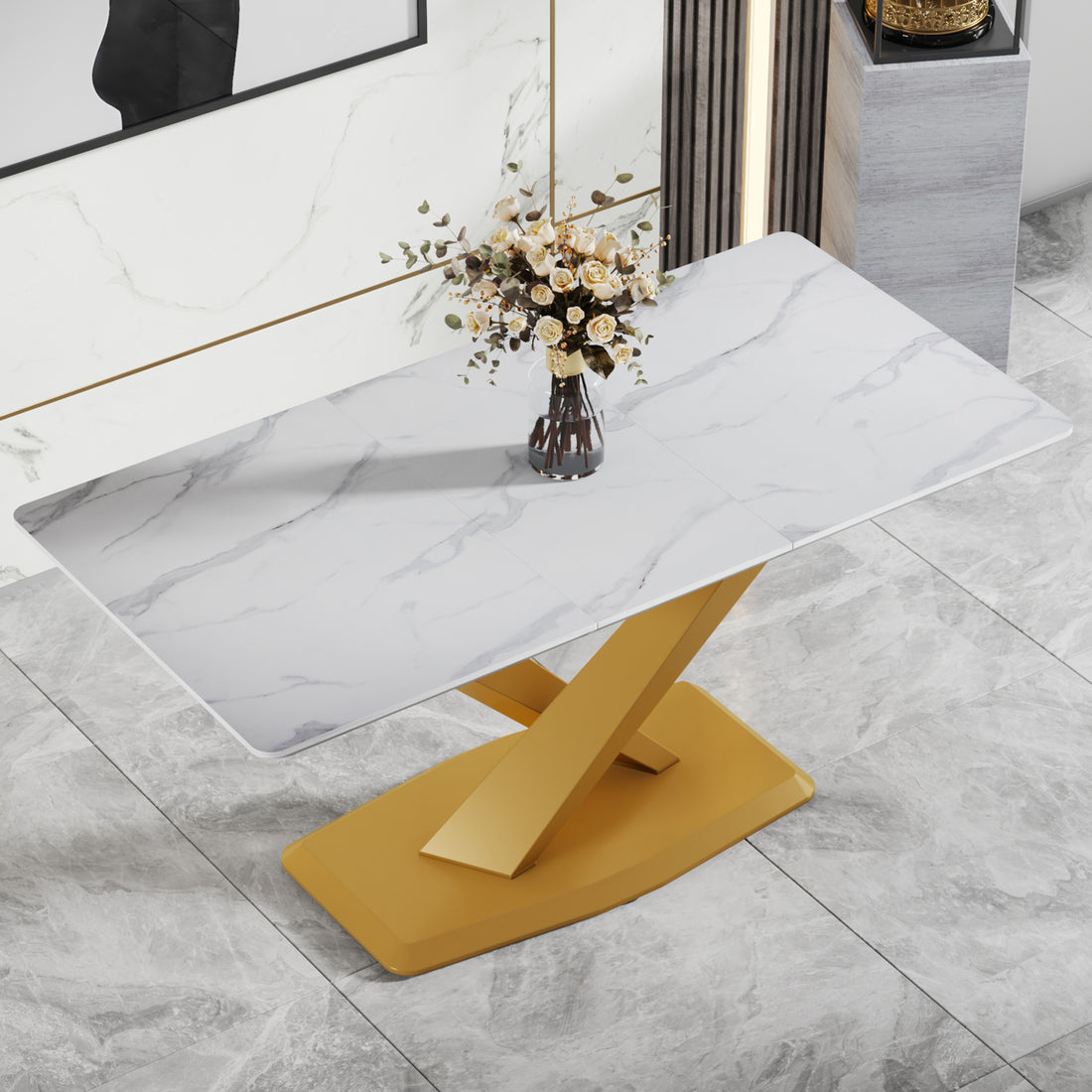 Large Modern Minimalist Rectangular White Imitation Marble Dining Table For 6 8 People With Mdf Top And Golden Legs, F 1551 Gold Mdf