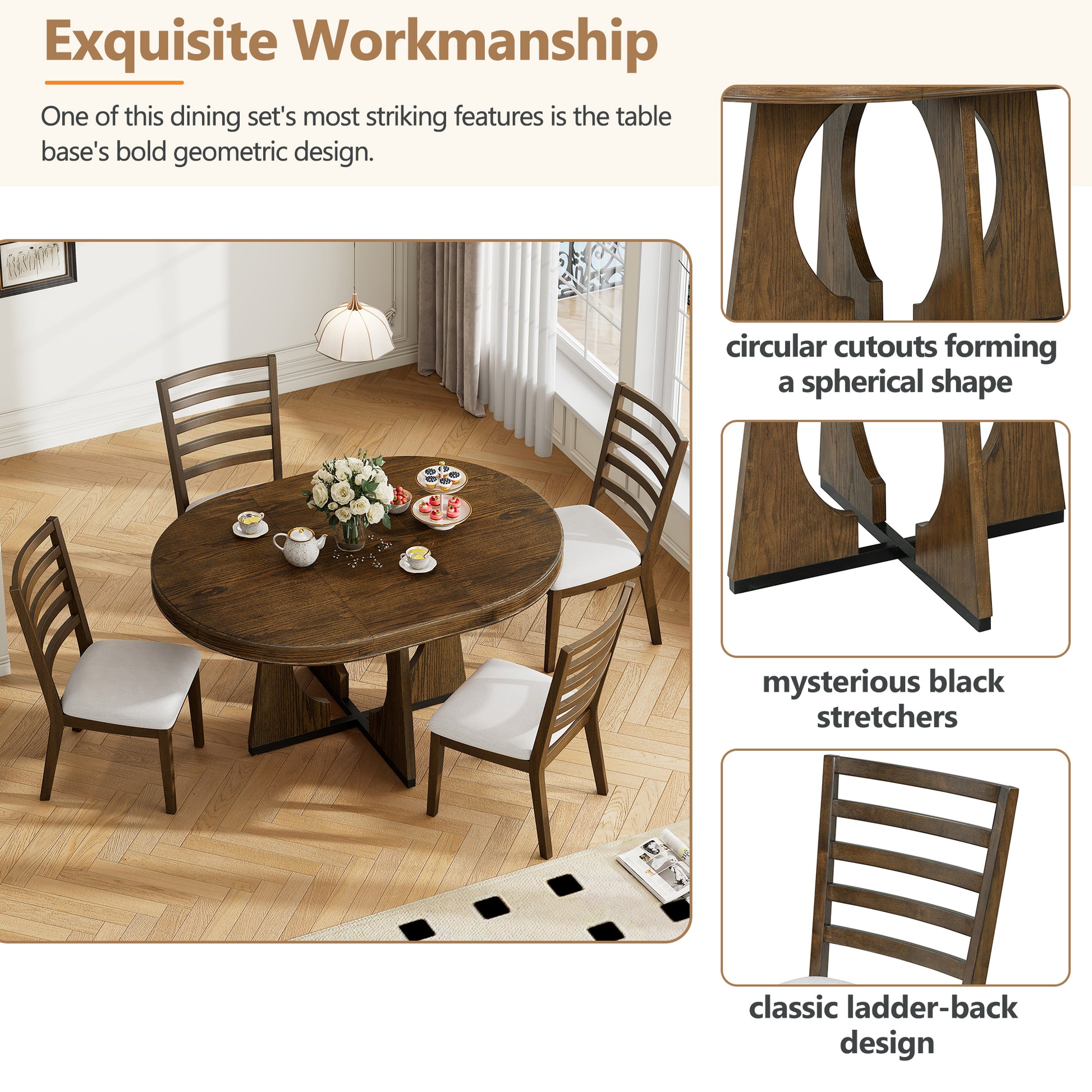 5 Piece Retro Rustic Functional Dining Set Unique Geometric Design, 1 Extendable Table With A 16 Inch Leaf And 4 Upholstered Chairs Ideal For Dining Room And Kitchen Walnut Walnut Solid Wood Mdf