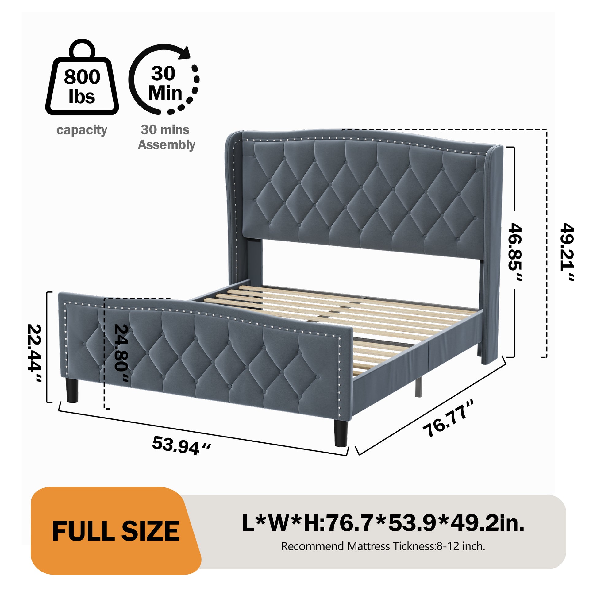 Full Size Bed Frame, Modern Upholstered Platform Bed With Wingback Headboard, Velvet Bed Frame With Wood Slat Support, Easy Assembly, No Box Spring Needed Gray, Full Full Gray Iron