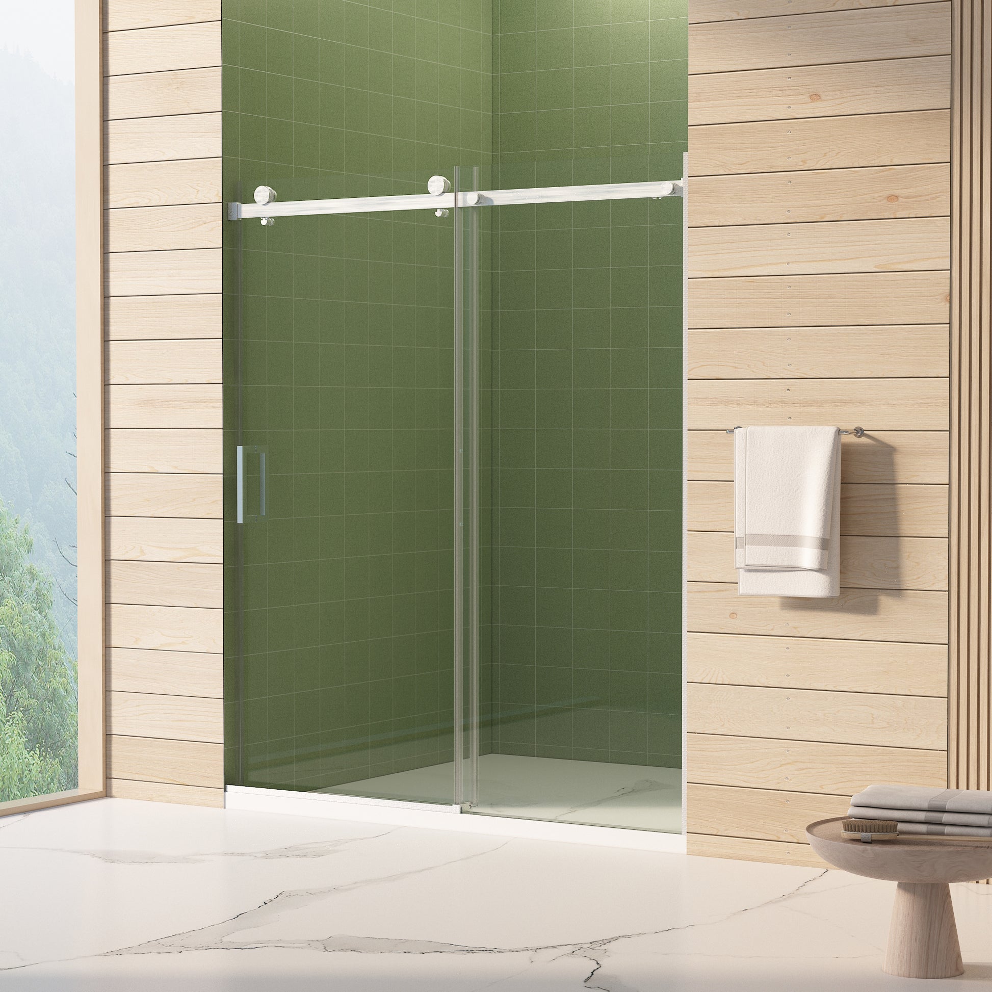 56" 60"W X 70"H Frameless , Sliding , With Premium 5 16" 8Mm Thick Tempered Glass Shower Enclosure,Double Side Easy Clean Coat,Brushed Nickel Finished With Buffer Brushed Nickel Bathroom American