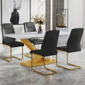 Table And Chair Set,Large Modern Minimalist Rectangular White Imitation Marble Dining Table With Mdf Top And Golden Legs,Dining Chairs,Gold Legged Upholstered Chairs Made Of Artificial Leather. Black Gold Seats 4 Mdf