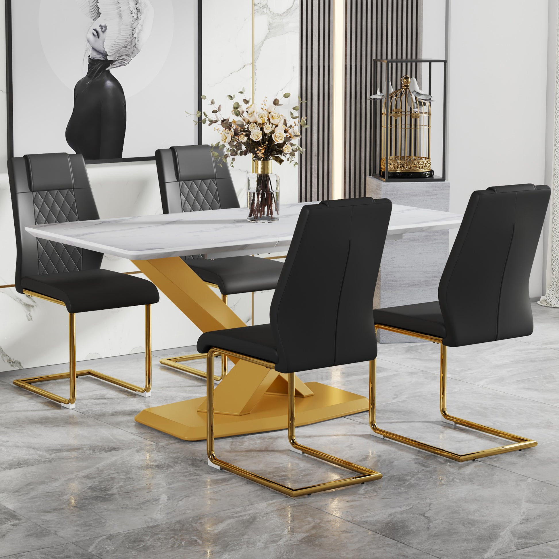 Table And Chair Set,Large Modern Minimalist Rectangular White Imitation Marble Dining Table With Mdf Top And Golden Legs,Dining Chairs,Gold Legged Upholstered Chairs Made Of Artificial Leather. Black Gold Seats 4 Mdf