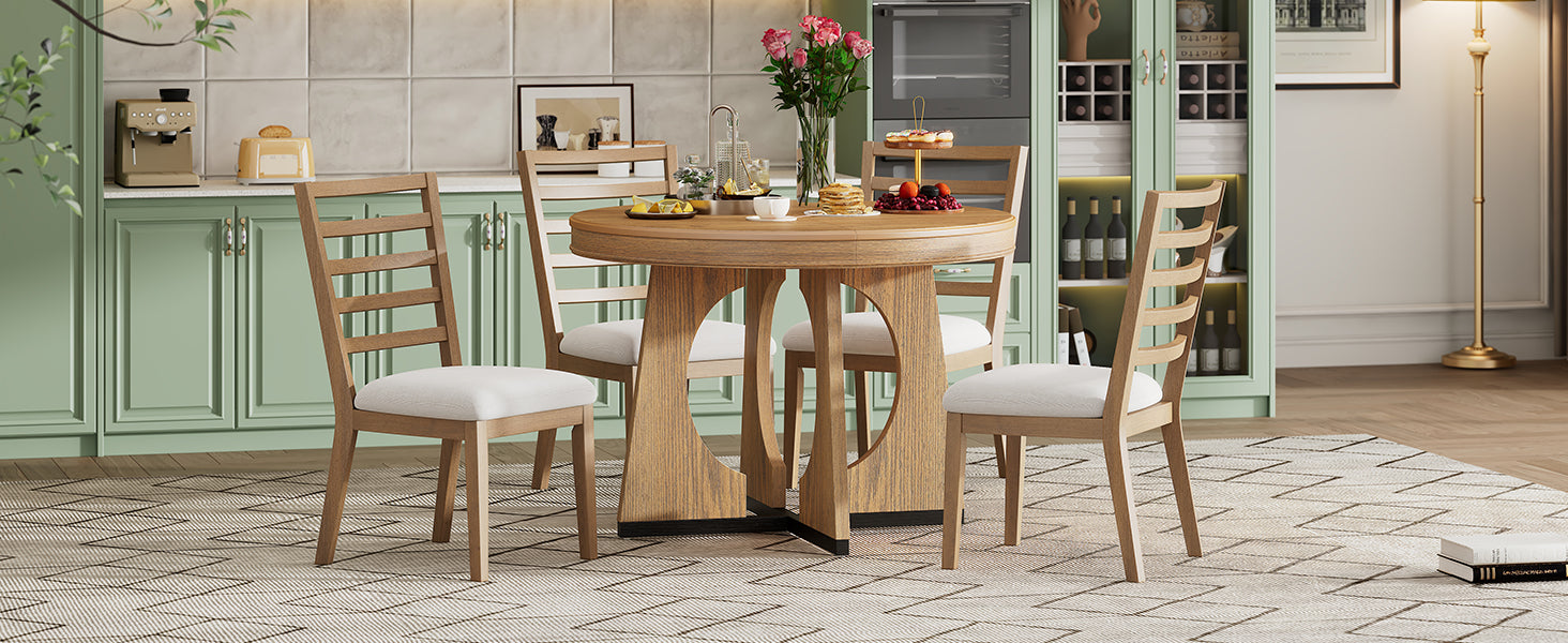 5 Piece Retro Rustic Functional Dining Set Unique Geometric Design, 1 Extendable Table With A 16 Inch Leaf And 4 Upholstered Chairs Ideal For Dining Room And Kitchen Natural Natural Solid Wood Mdf