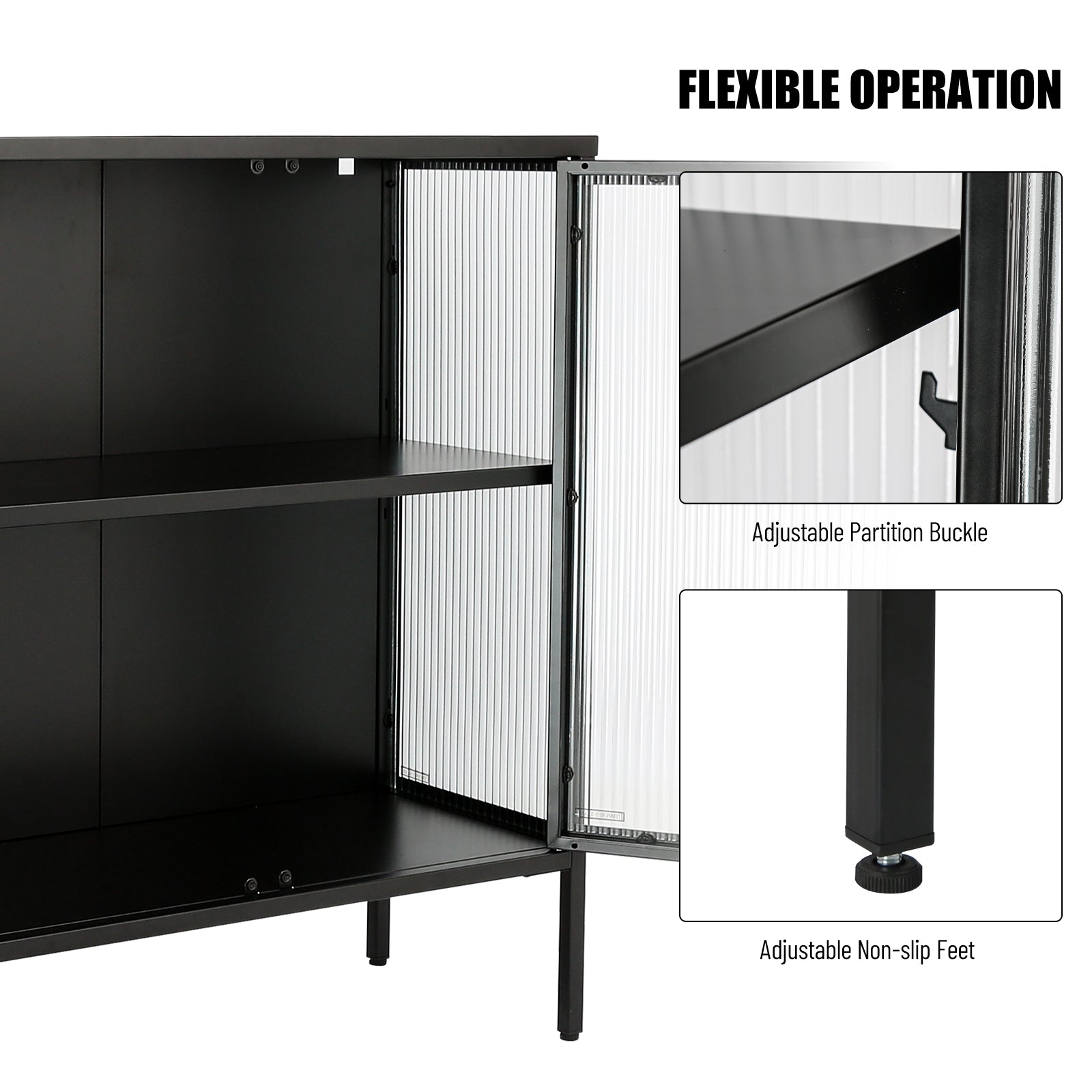 Stylish 4 Door Tempered Glass Cabinet With 4 Glass Doors Adjustable Shelf And Feet Anti Tip Dust Free Fluted Glass Kitchen Credenza Black Black Tempered Glass Sheet Metal Plastic