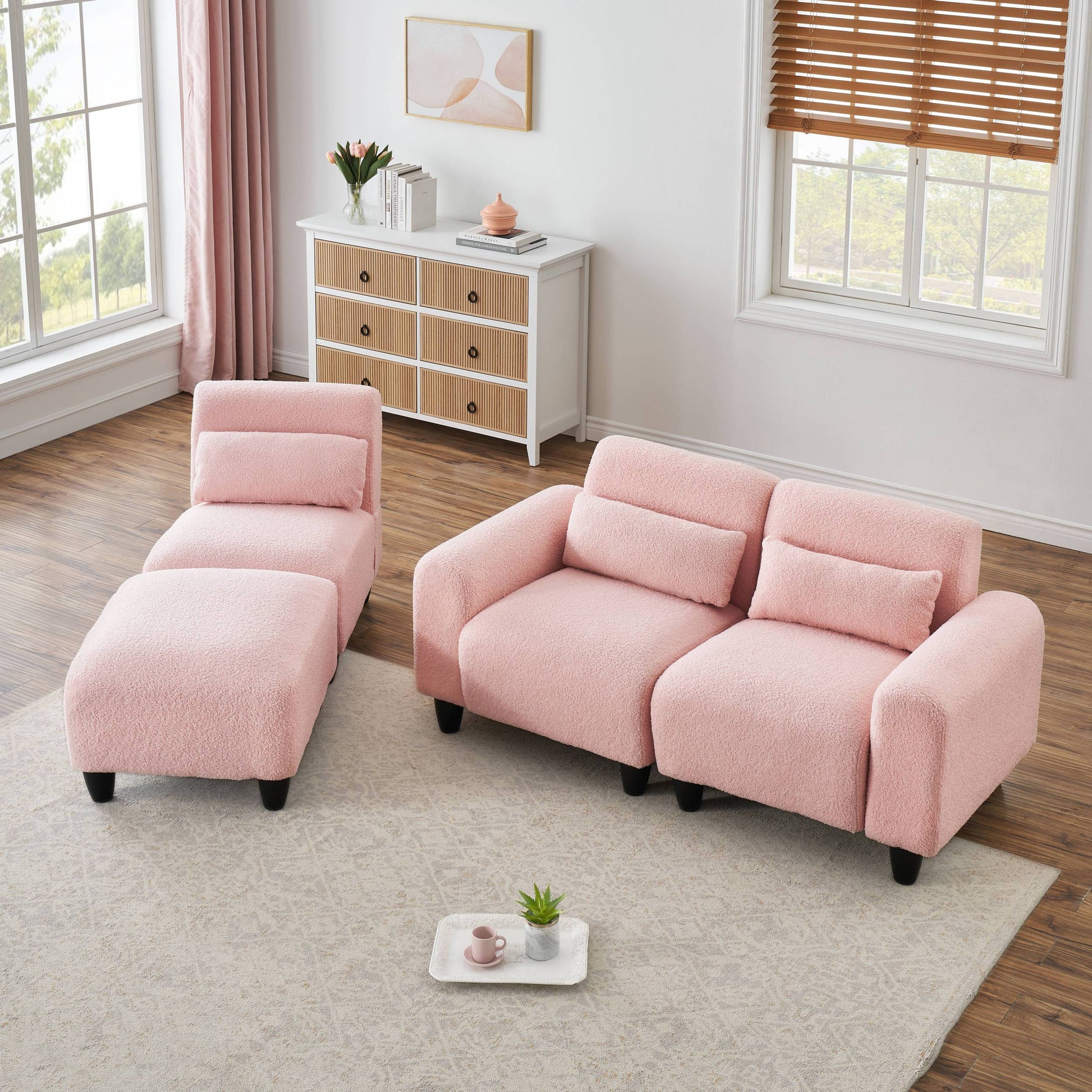 The 84.6 Inch Pink Teddy Fleece Creative Sofa Can Be Assembled Into A Two Seater Sofa Plus A Single Couch With Three Waist Pillows To Perfectly Stretch Your Waist For Small Apartment Bedroom Spaces Pink Polyester Blend 4 Seat