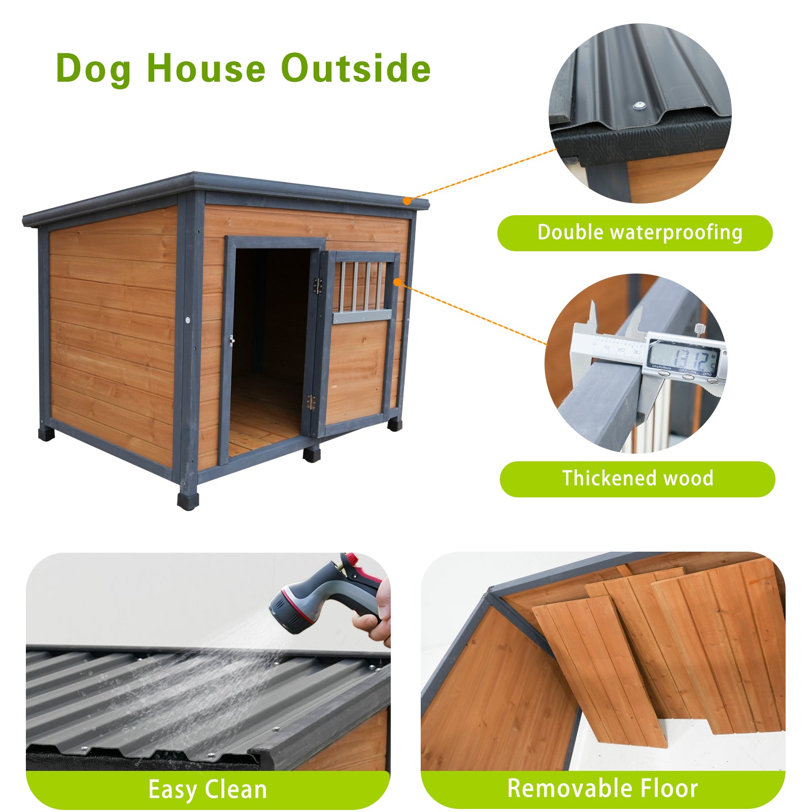 45"Large Solid Wood Dog House, Waterproof Pvc Plastic Roof, Wooden Doors Gray Yellow Solid Wood