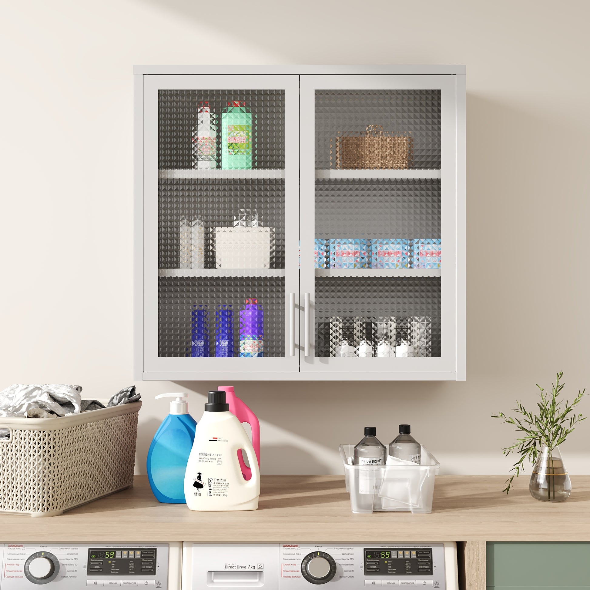 Retro Style Wall Mounted Cabinet Table Top Storage Cabinet With Hazy Glass Doors And 2 Adjustable Shelves For Bathroom Kitchen Living Room Kitchen Hallway White Outdoor Paint, Waffle Grids Glass Square 3 4 Shelves Powder Coated White Primary Living Space