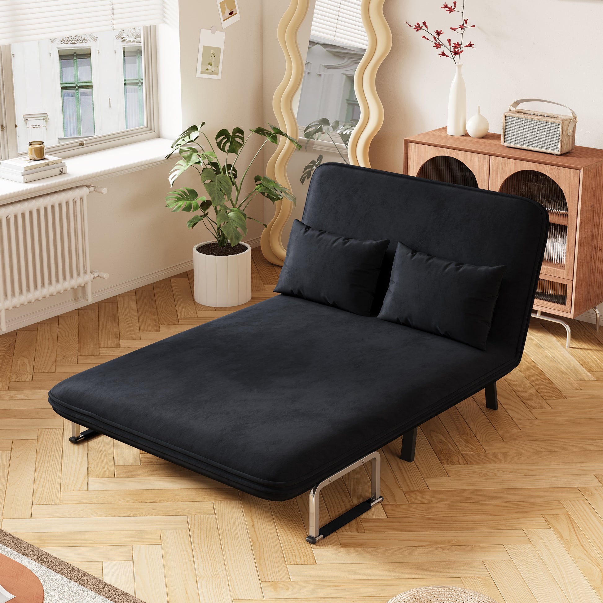 39 Convertible Chair Bed, Tri Fold Sofa Bed With Adjustable Backrest & Pillow, Leisure Chaise Lounge Couch With Sturdy Steel Frame For Home & Office, Comfortable Sleeper Chair Black Black Velvet Primary Living Space Medium Firm Contemporary Polyurethane