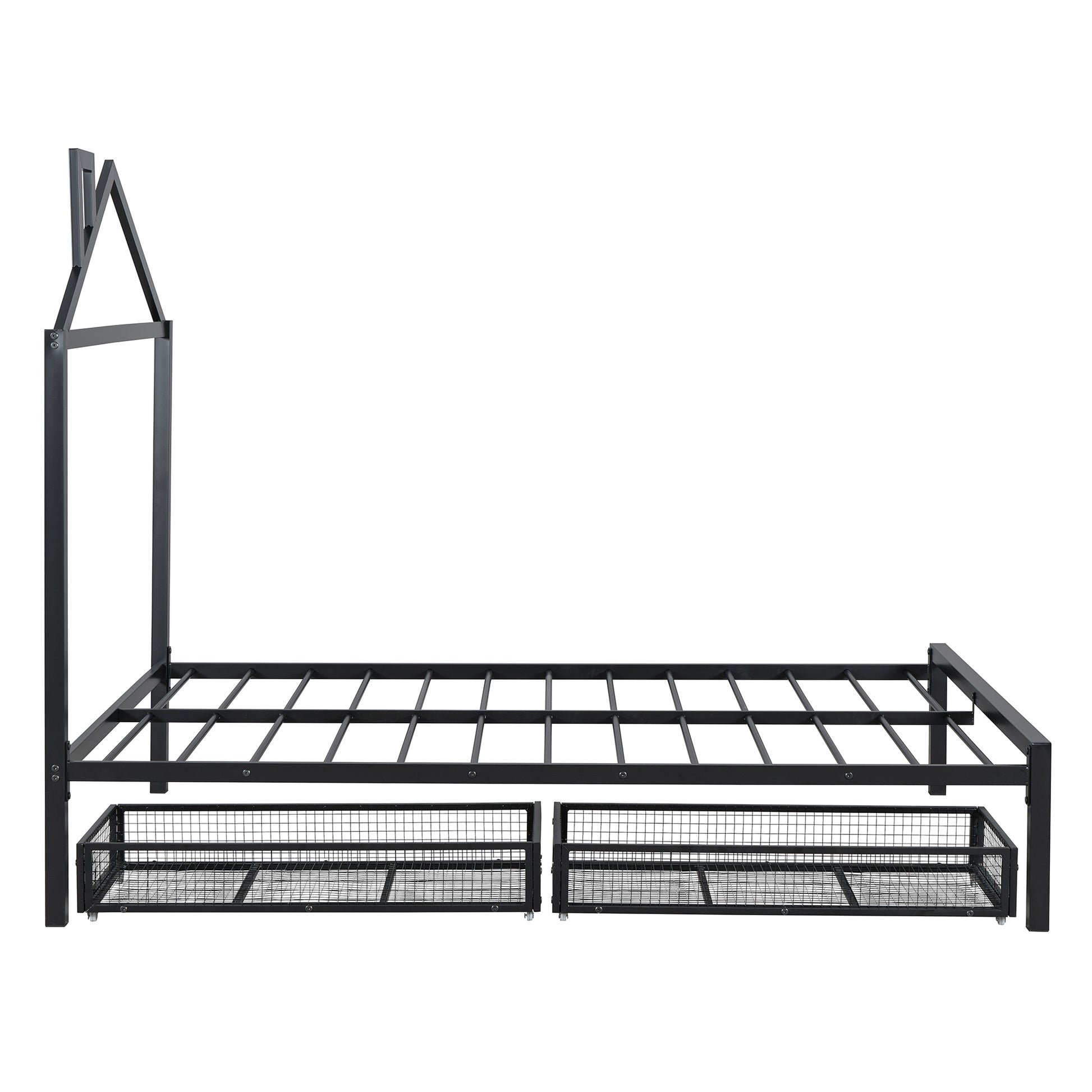 Full Size Metal Platform Bed With Two Drawers,House Shaped Headboard Design, Black Full Black Metal