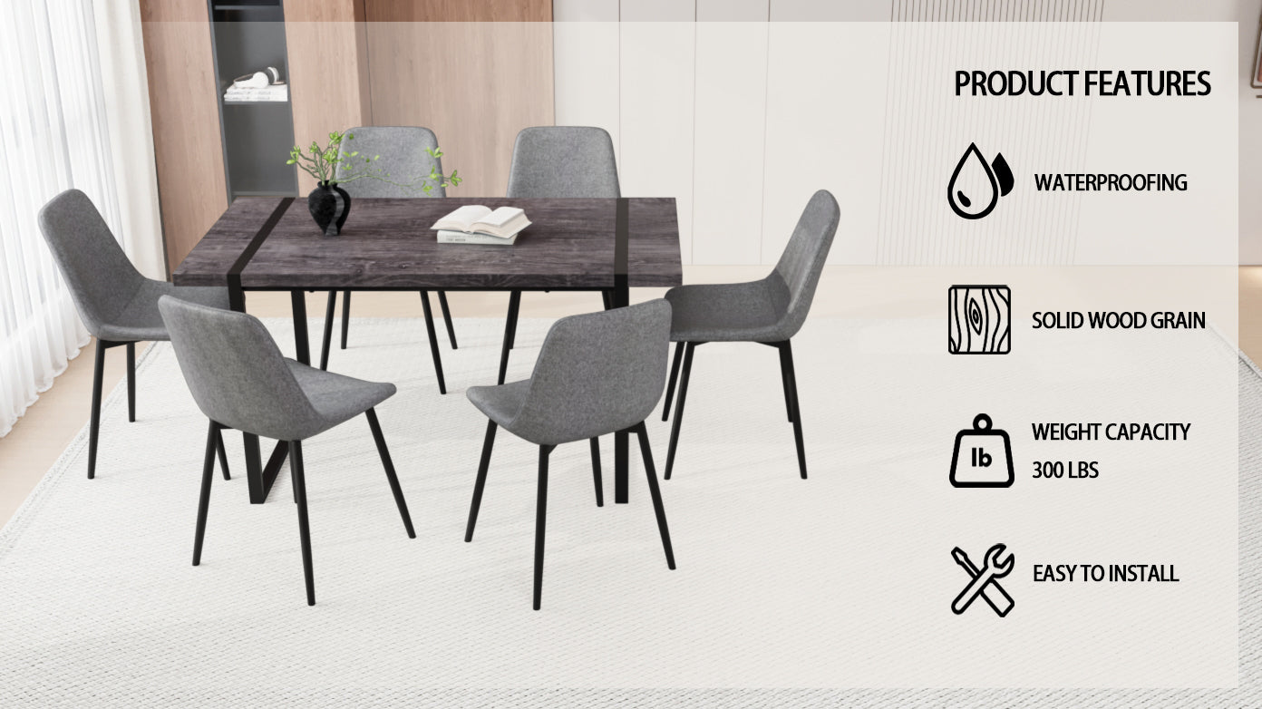 59" Mdf Black Dining Table And Modern Dining Chair 8 Piece Set, Medieval Wooden Kitchen Dining Table Set, Rectangular Metal Base, Dining Table And Suede Chair Grey Buy 6 Chairs And Get 2 Free Black