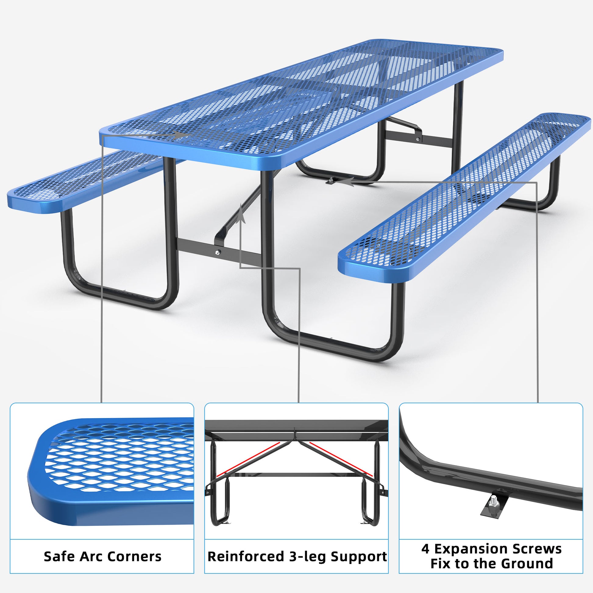 96" Expanded Metal Rectangular Picnic Table, Blue Blue Steel Steel