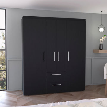 Bariloche Wardrobe, Multi Section Storage With Hanging Rods, Shelves, And 2 Drawers Black Bedroom Modern Particle Board