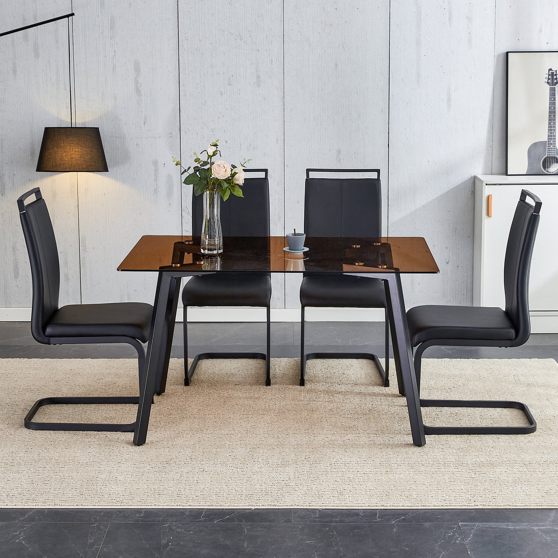 Table And Chair Set. Large Modern Rectangular Table With Brown Glass Top And Black Metal Legs. It Is Equipped With Soft And Comfortable Pu Seats, Faux Leather Upholstered Seats, And Sturdy Metal Legs. Black Seats 4 Glass Metal