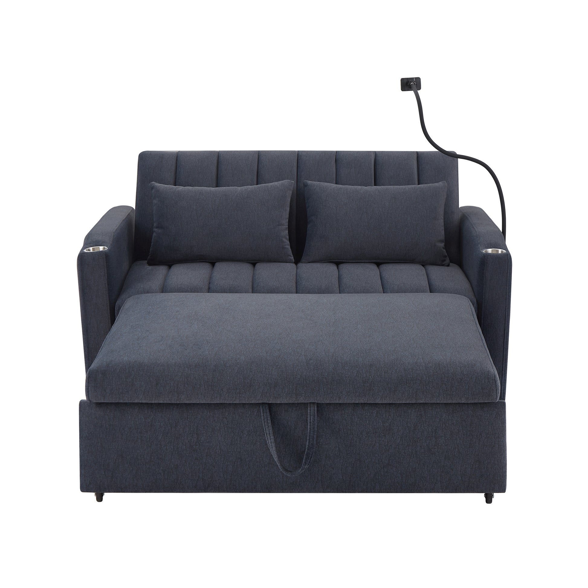 55.9" Convertible Sofa Bed Loveseat Sofa With Three Usb Ports, Two Side Pockets, Two Cup Holders And 360 Swivel Phone Holder For Living Room, Blue Grey Blue Gray Foam Polyester