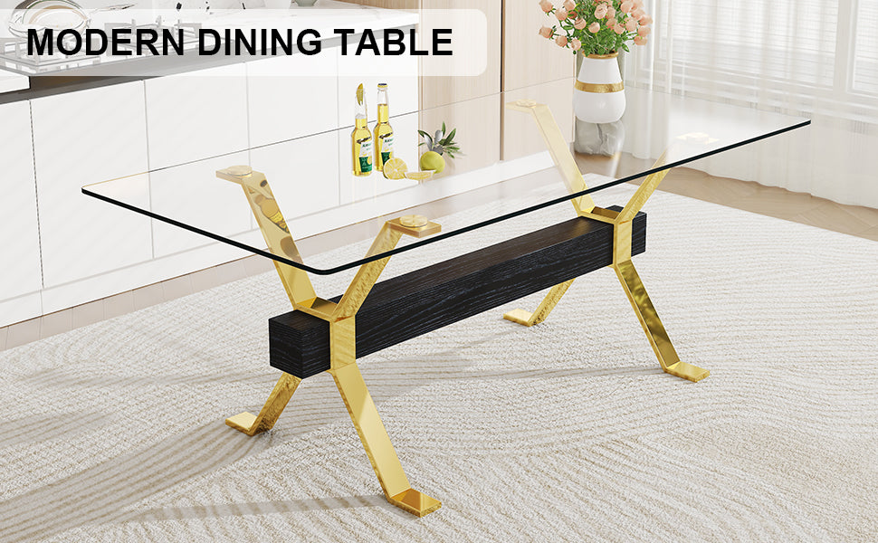 Dining Table. Modern Tempered Glass Dining Table. Large Modern Office Desk With Gold Metal Legs And Mdf Crossbars, Suitable For Home And Office Use. Kitchen .71 ''X35.4''X30 '' 1105 Transparent Glass