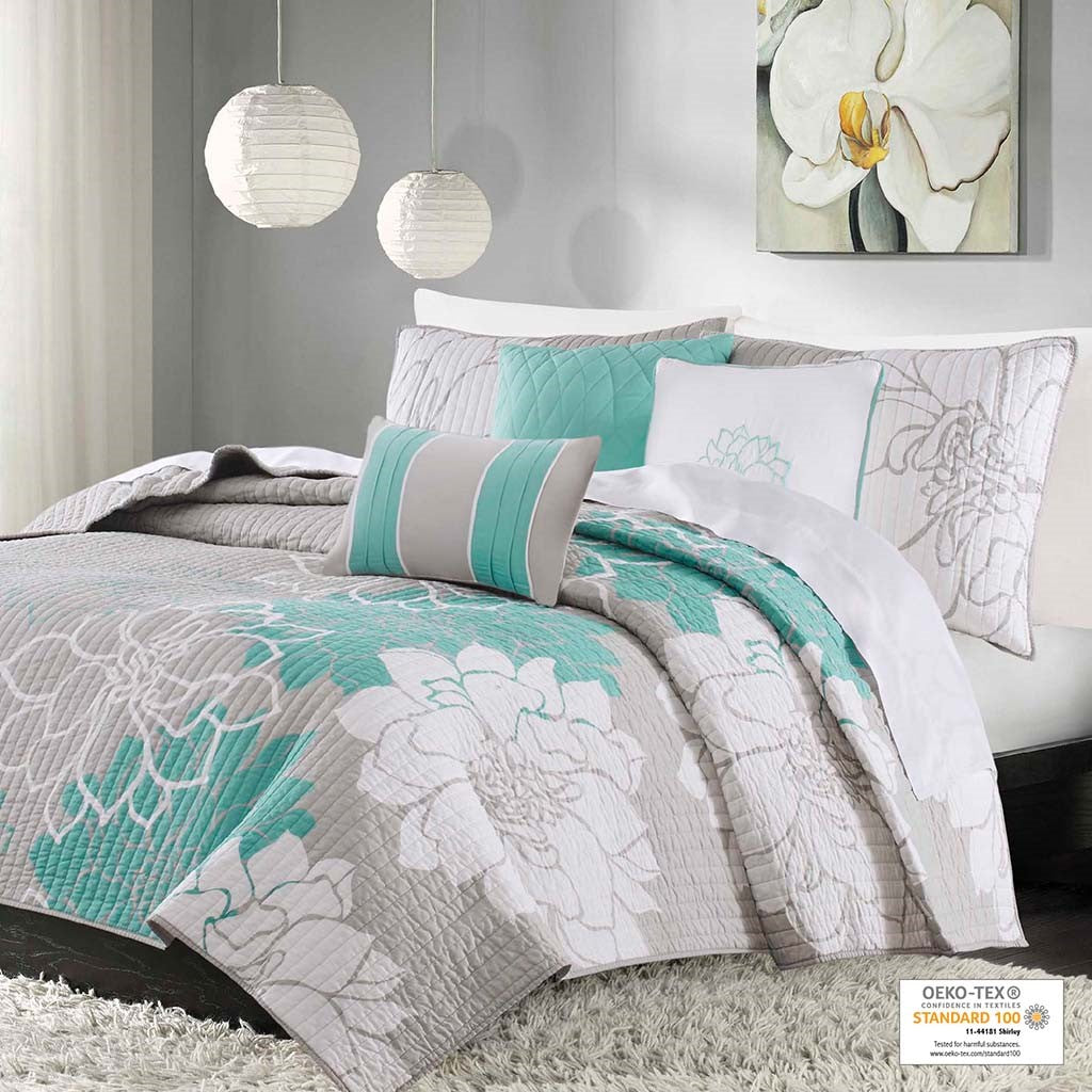 6 Piece Printed Cotton Quilt Set With Throw Pillows Aqua King Cal King King Aqua Polyester