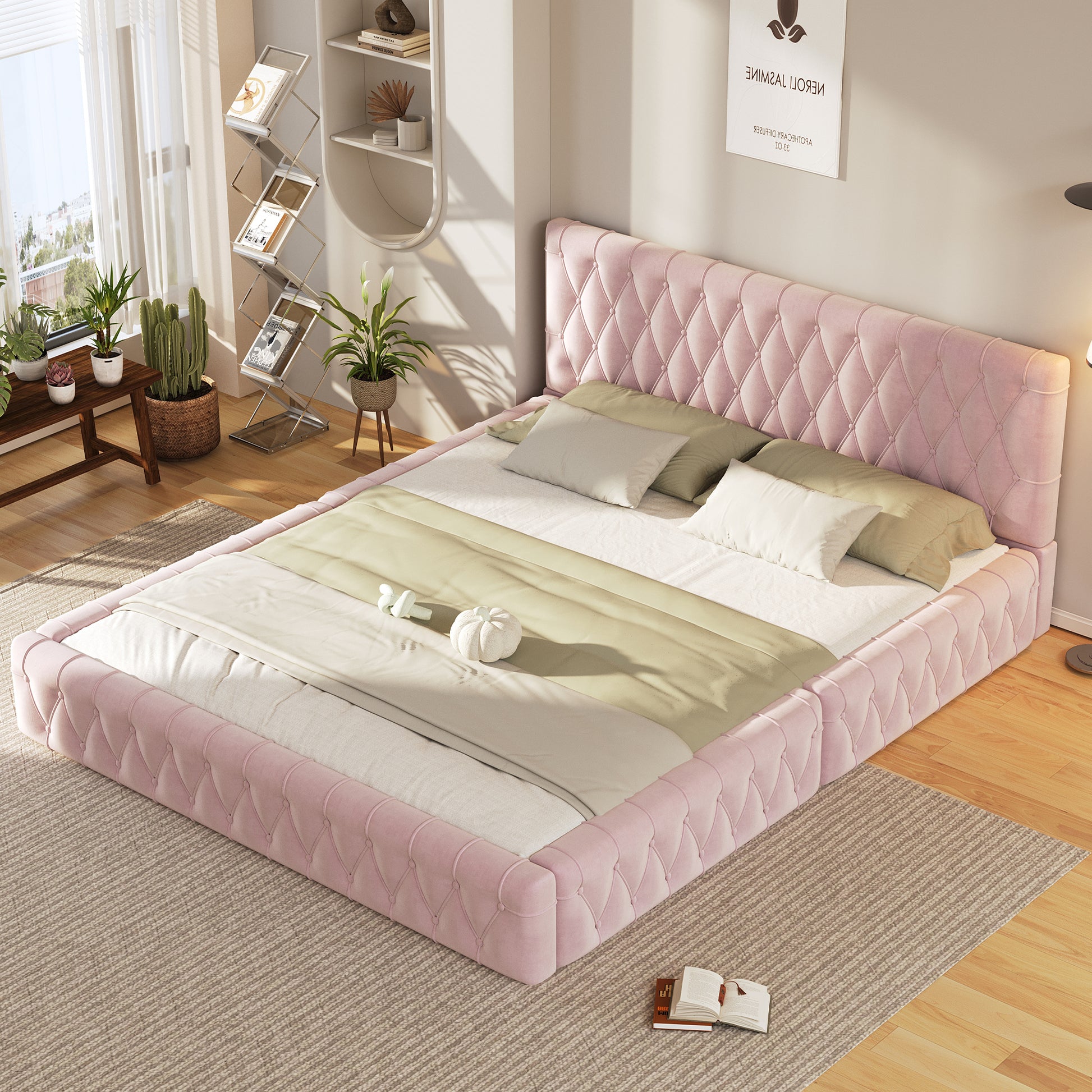 Queen Size Upholstered Bed With Tufted Headboard, Modern Velvet Platform Bedno Box Spring Required, Pink Queen Pink Solid Wood Mdf