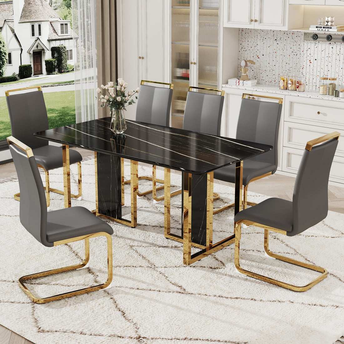 Table And Chair Set. Modern Dining Table With Mdf Top And Beautiful Mdf Legs. Equipped With Comfortable Pu Chairs And Metal Legs. Suitable For A Wide Range Of Decorative Styles. Black,Gray Seats 6 Mdf