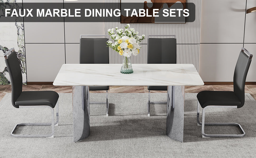 Modern Minimalist Dining Table. Imitation Marble Glass Sticker Desktop, Stainless Steel Legs, Stable And Beautiful. 4 Black Pu Seats. 63 "* 35.4" * 29.5 "Dt 69 C 1162 Silver Glass
