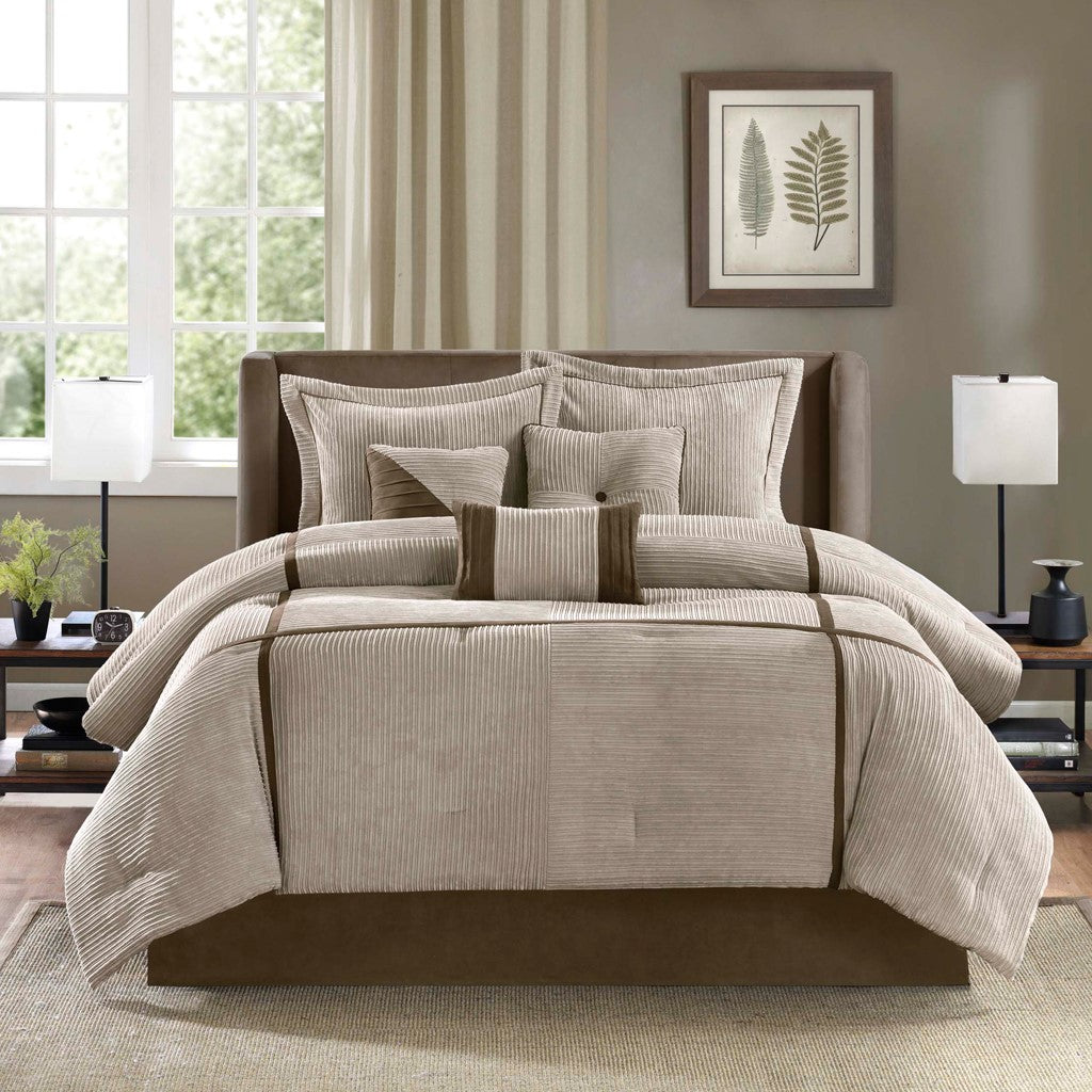 7 Piece Micro Corduroy Comforter Set Taupe Cal King California King Taupe Polyester
