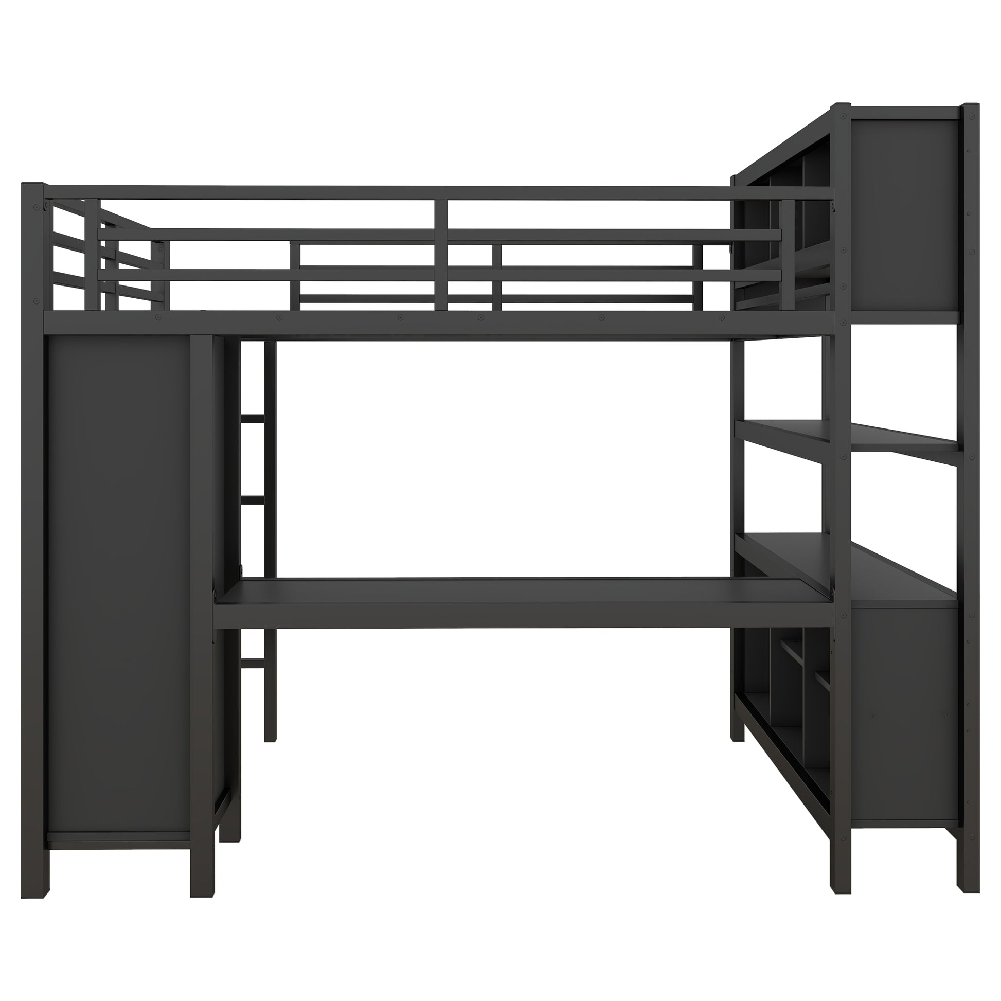 Metal Loft Bed With Wardrobe And L Shaped Desk, Full Size Loft Bed With Storage Cubes And Shelves, Heavy Duty Loft Bed For Kids Teens Adults, Black Full Black Metal